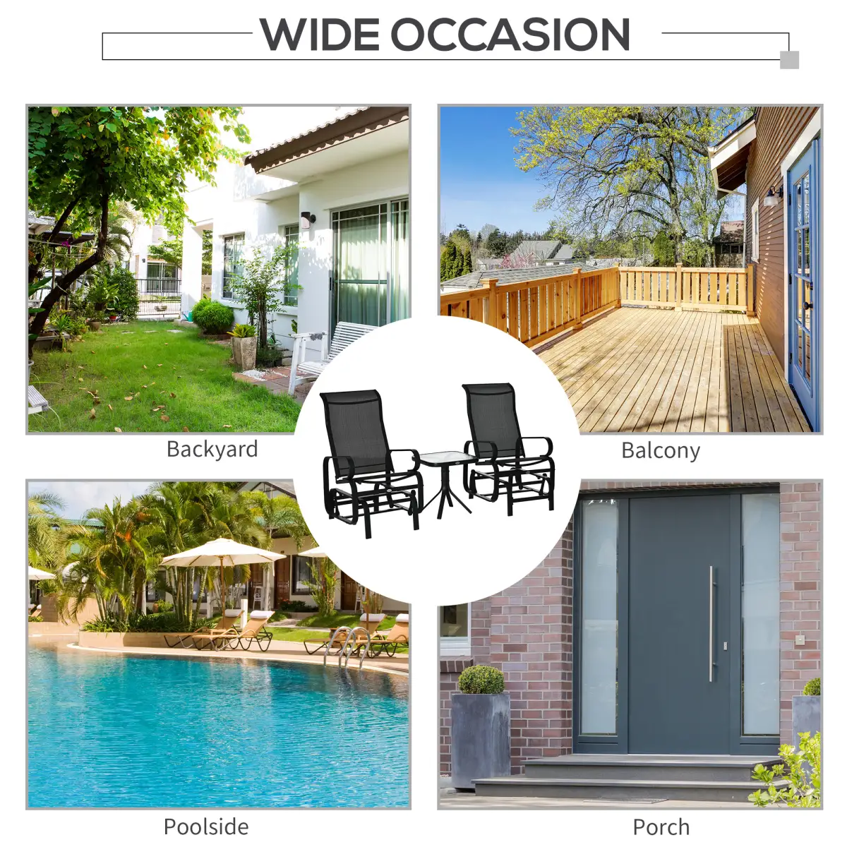 Outsunny 3 PCs Gliding Rocking Chair With Tea Table Smooth Rockers Sling Seat - Garden Chairs