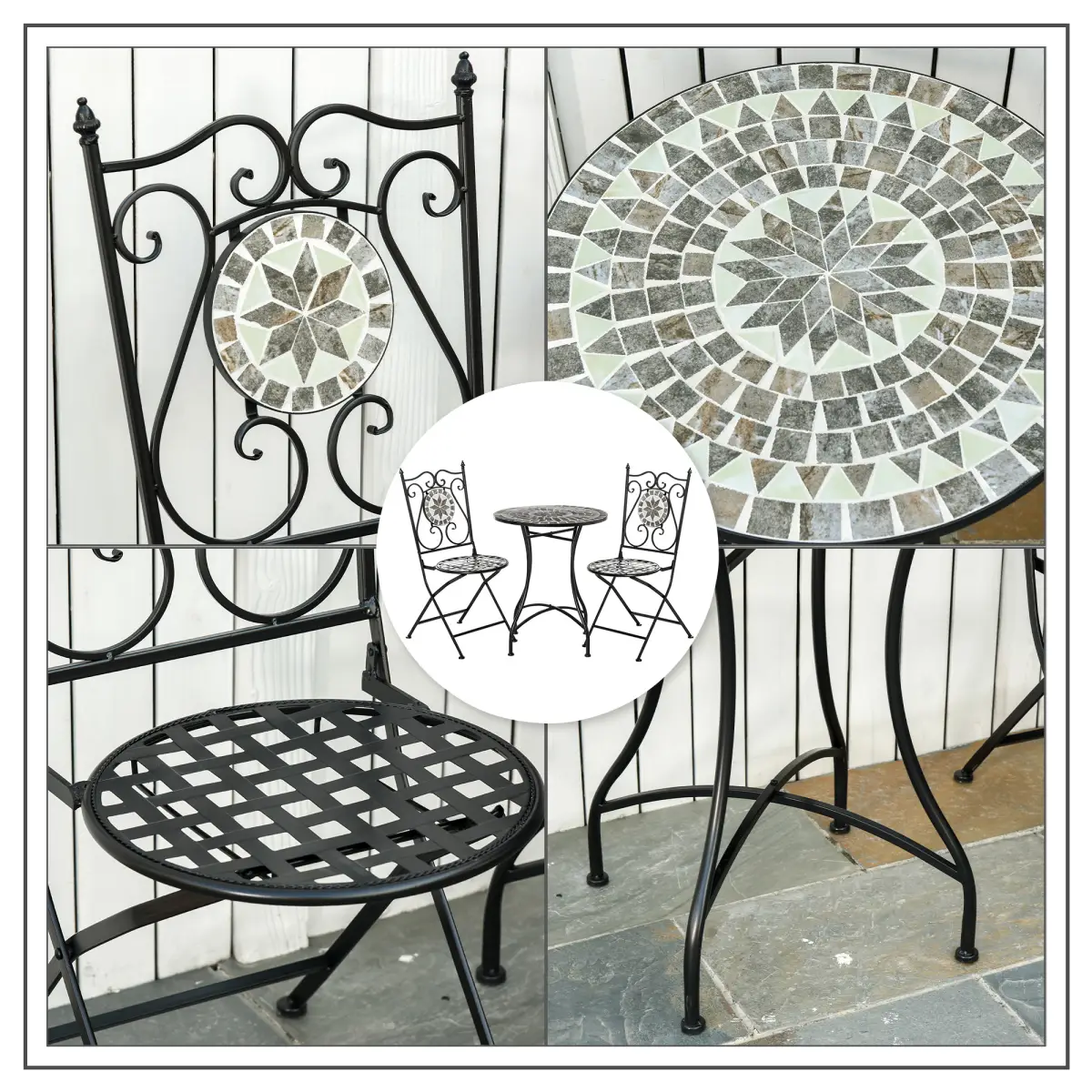 Outsunny 3Pc Mosaic Tile Garden Bistro Set Folding Chairs - Bistro Sets