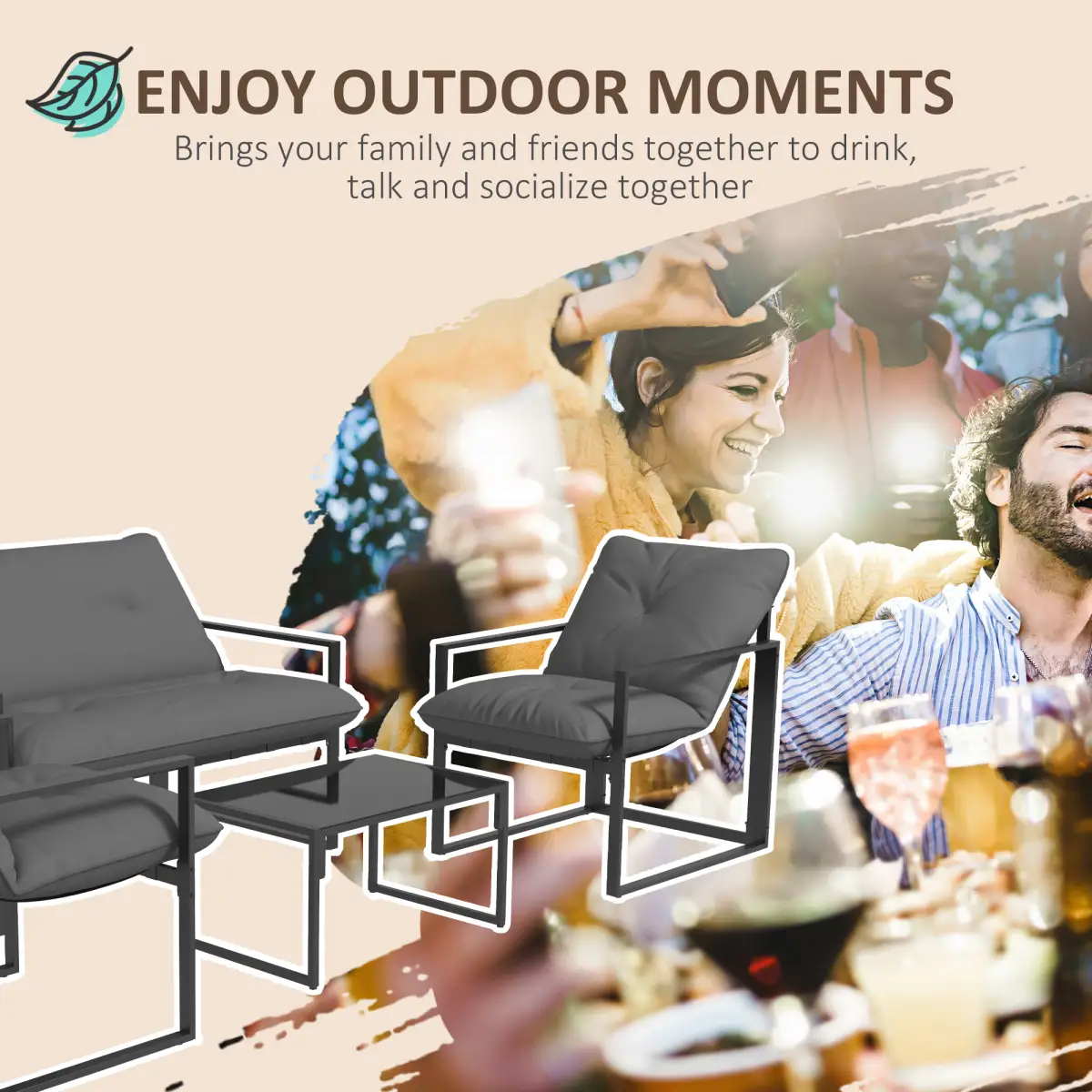 Outsunny Outsunny 4 PCs Garden Sofa Set with 2 Armchairs Loveseat Coffee Table, Grey - Garden Set