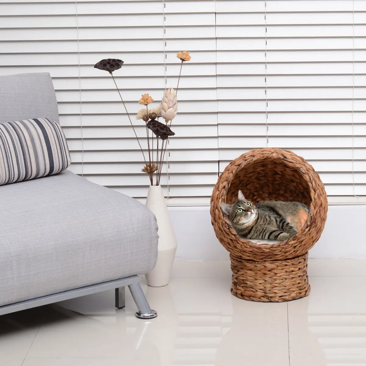 PawHut Wicker Cat House, Raised Cat Bed with Cylindrical Base, 42 x 33 x 52cm - Cat House