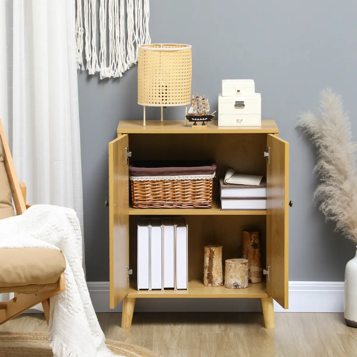 HOMCOM Storage Cabinet for Living Room Sideboard with Chevron Doors Natural - Sideboard