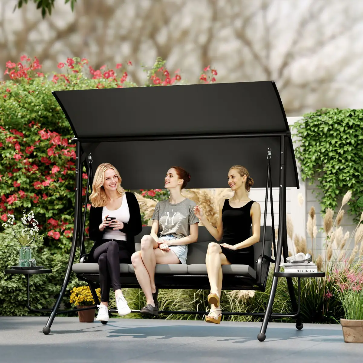 Outsunny Outsunny 3 Seat Garden Swing Chair Steel w/ Adjustable Canopy and Coffee Tables - Hammocks