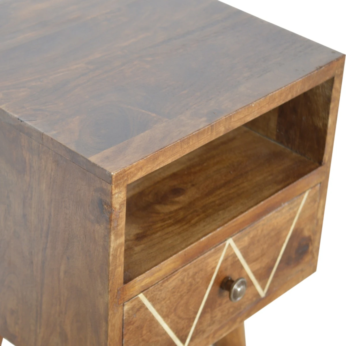 Artisan Furniture Artisan Bedside Table Mini Solid Mango Wood Geo Brass Inlay Drawer Shelf For Modern Bedroom Decor - Bedside Table