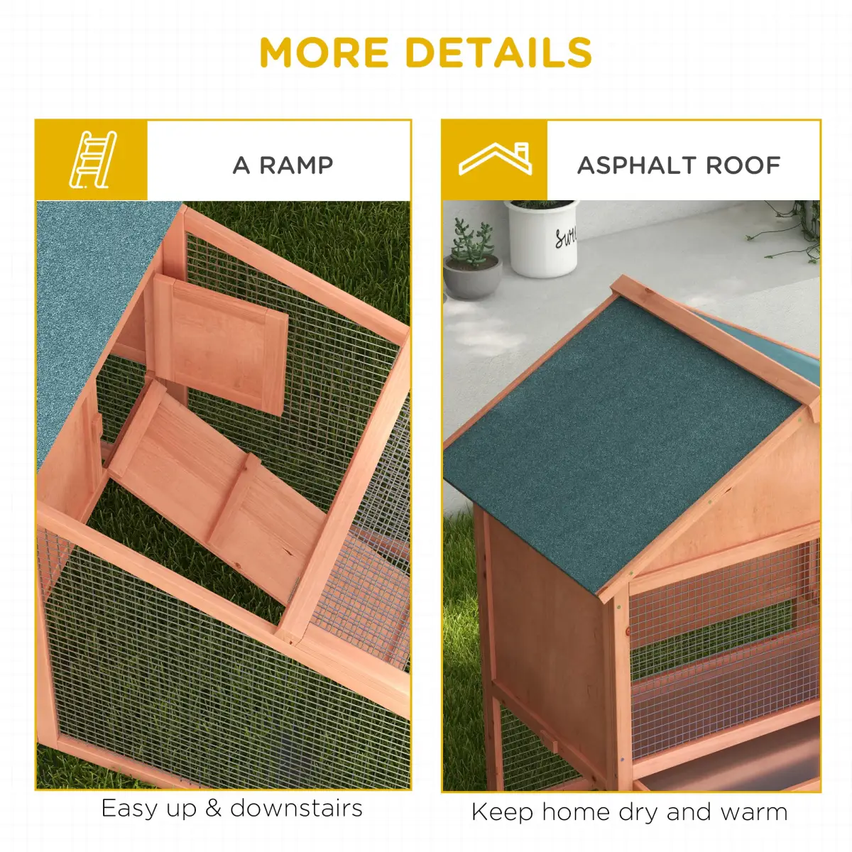 Pawhut 2 Tier Wood Rabbit Hutch Water Resistant Asphalt Roof Ramp 144 x 64.5 x 100 cm - Rabbit Hutch