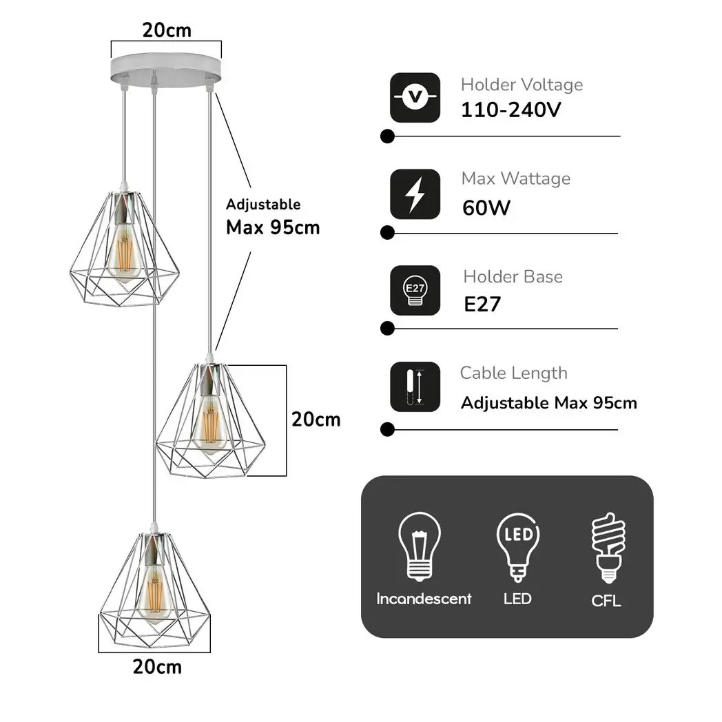 LEDSONE 3 Head Round Base Chrome Vintage Metal 20cm Diamond Wire Cage E27 Base Ceiling Pendant Light Fitting - Pendant Lights