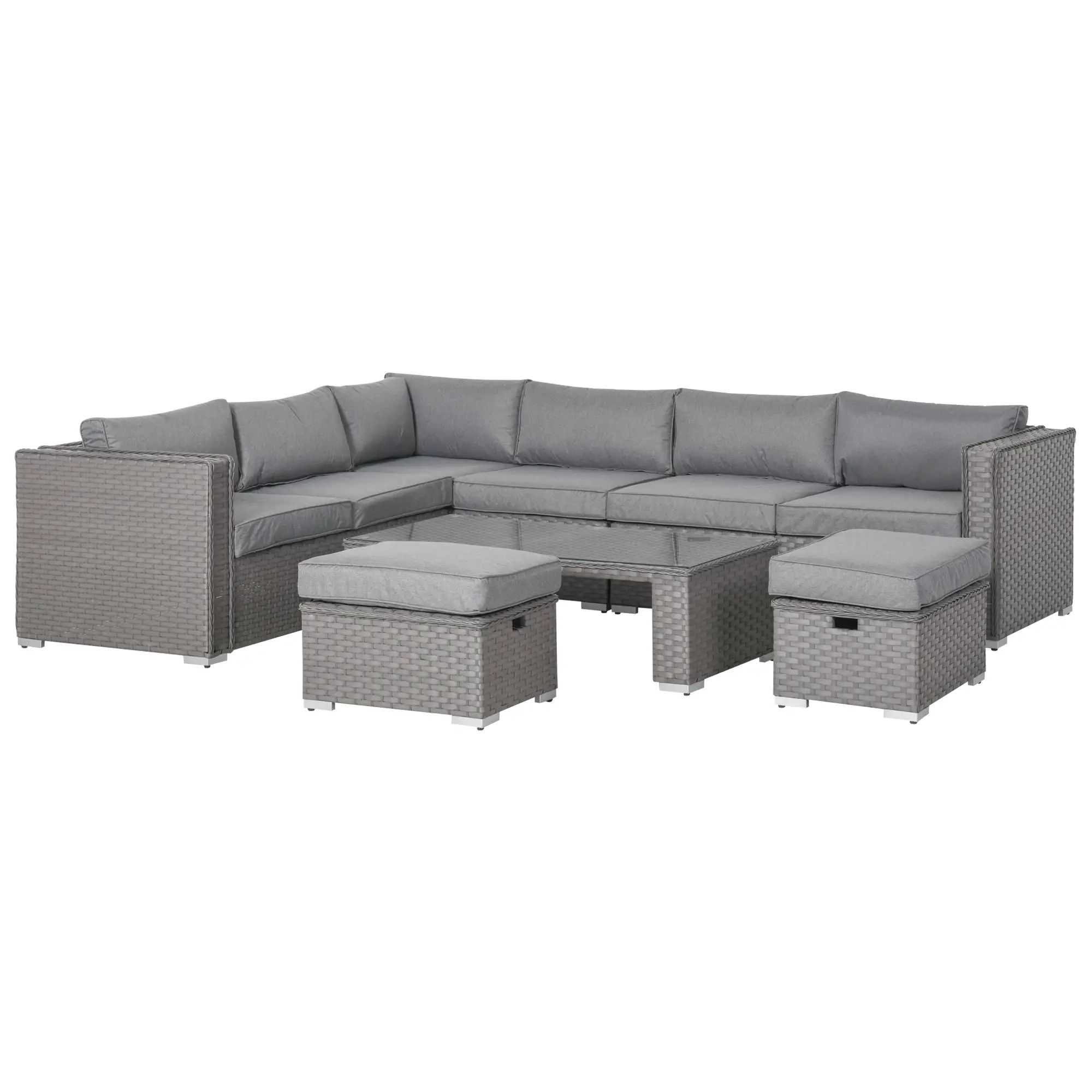 Outsunny 6 PCs PE Rattan Wicker Corner Sofa Set Coffee Table Footstool w/ Cushion - Grey - Garden Sofa Sets