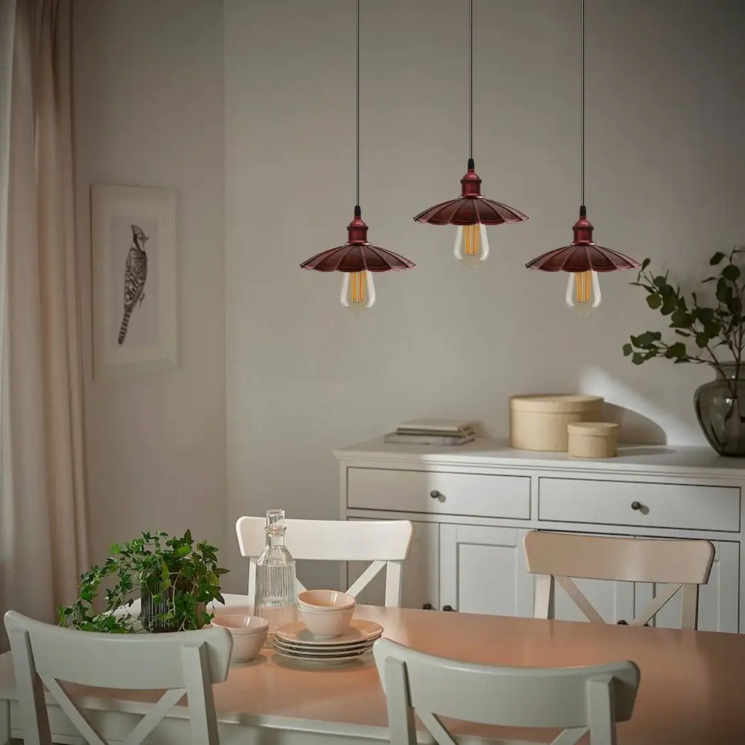 Un-branded Vintage Industrial Rustic Red 3 Head Reactangle Pendant Cord E27 Metal Brushed Light Fitting Umbrella Shape Lamp Shade - Pendant Lights