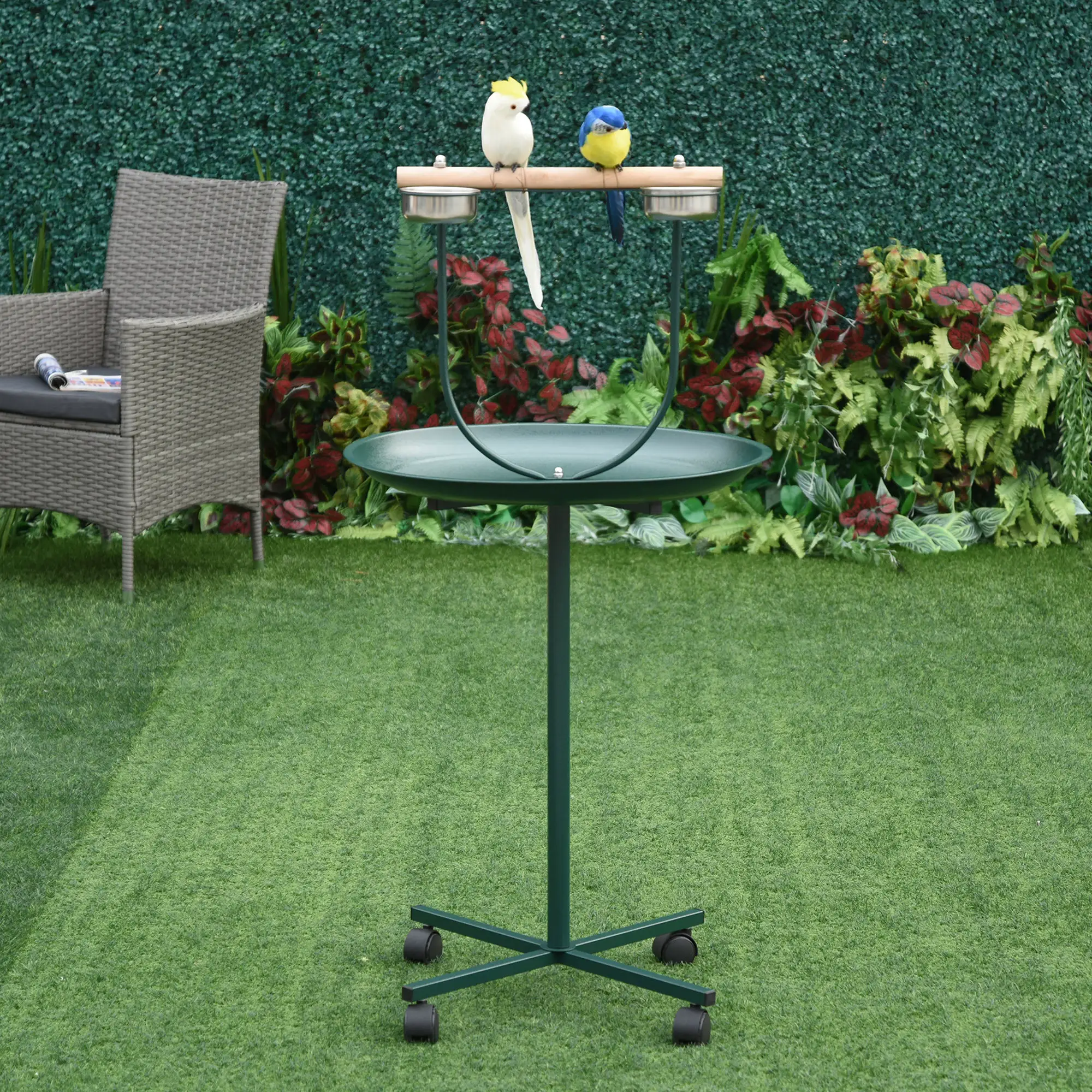 PawHut PawHut Bird Perch Stand, T-Stand Bird Training with Perch, Wheels, Bowls, Green - Bird Feeder