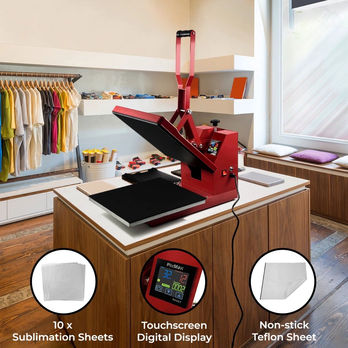 Clam Heat Press 38 x 38cm, PTFE Sheet & Sublimation Paper by Monster Shop