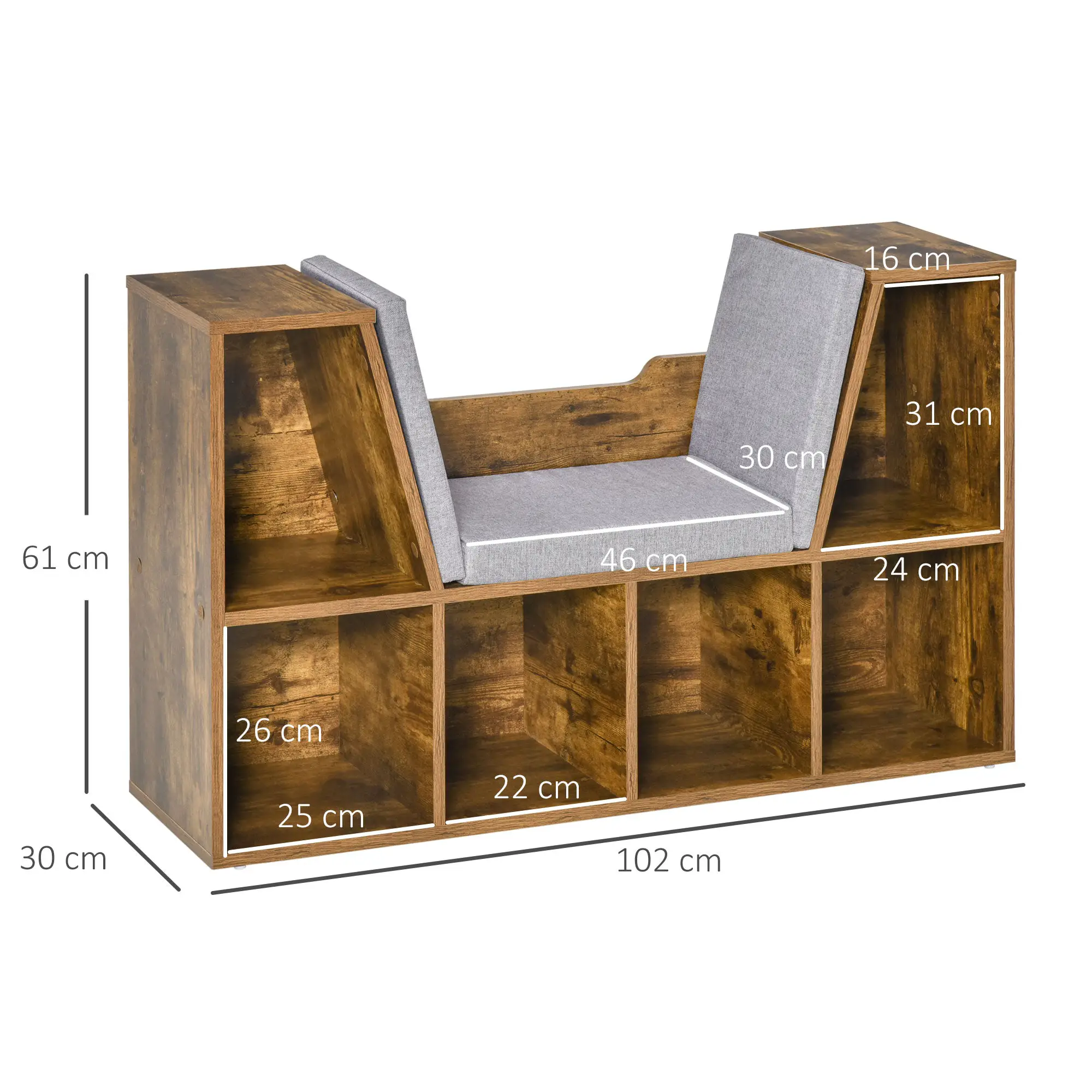 HOMCOM Bookcase Storage Reading Seat Unit Kids Adults Six Cubes Brown - Bookcase