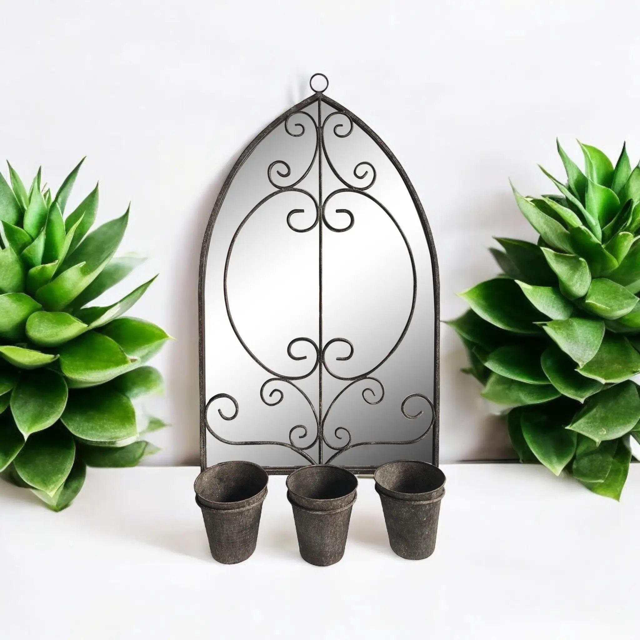 MSL 73CM RUSTY WALL MIRROR WITH TRIPLE PLANTER - Planters