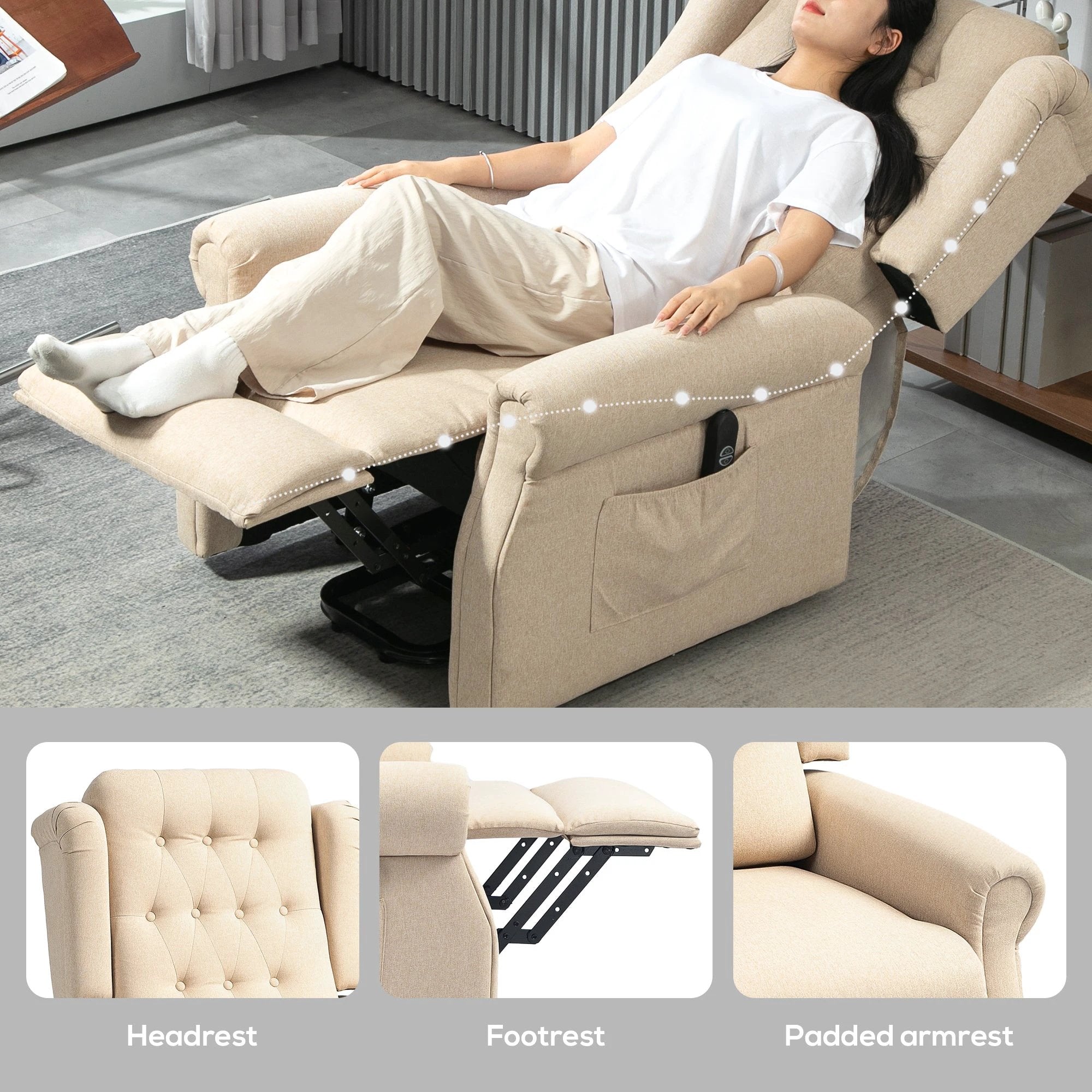 HOMCOM HOMCOM Power Lift Recliner Armchair with Wingback, Button Tufted, Beige - Recliner