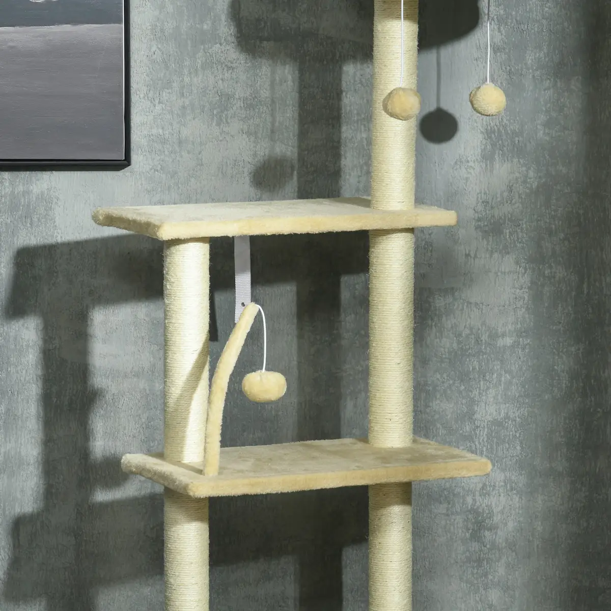 PawHut 6-Tier Floor to Ceiling Cat Tree with Scratching Post, Bed, Hammock, Beige - Cat Tree