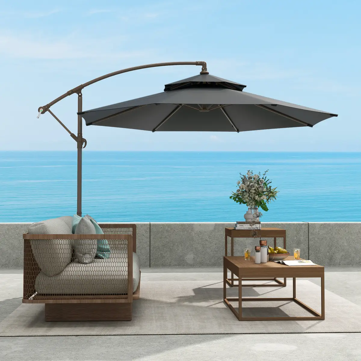 Outsunny 2.7m Garden Banana Parasol Cantilever Umbrella Handle, Dark Grey - Parasol
