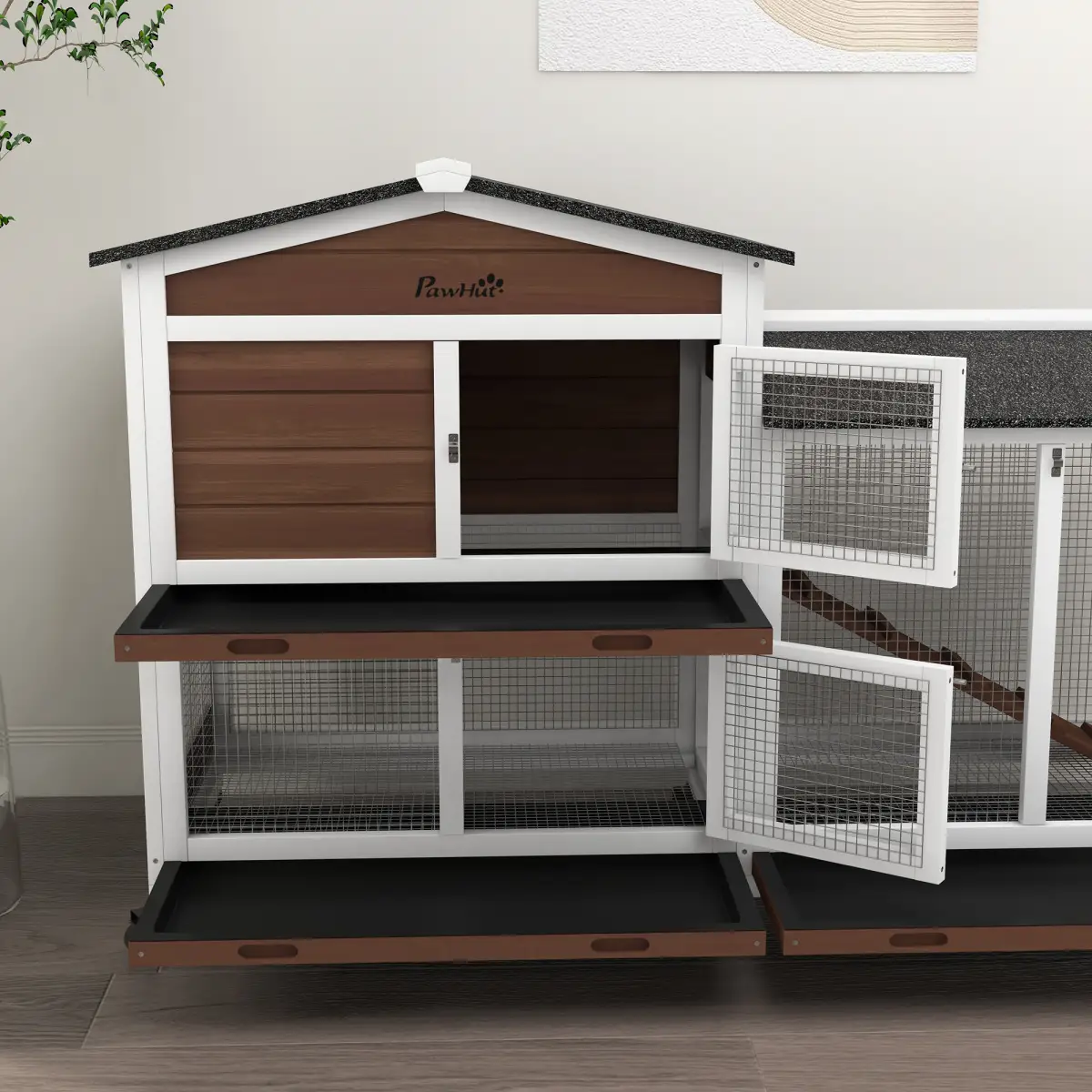 PawHut PawHut Wooden Rabbit Hutch Guinea Pig Cage w/ Wheels, Run, Ramp, Brown - Rabbit Hutch