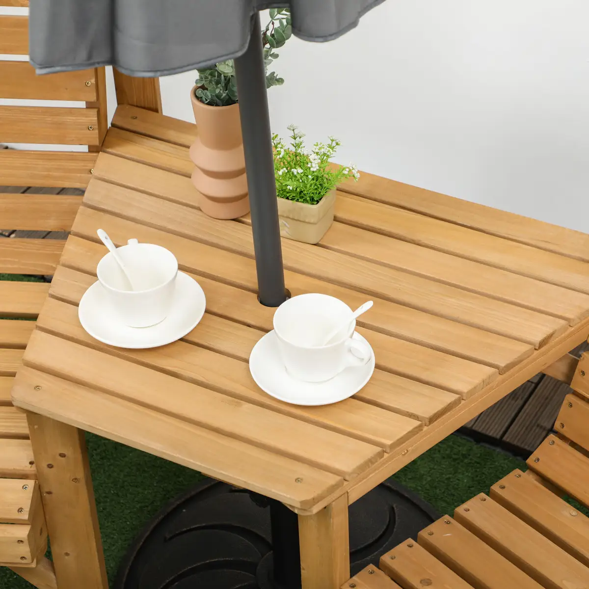 Outsunny Outsunny Wooden Garden Love Seat w/ Coffee Table Umbrella Hole Partner Bench - Garden Chairs