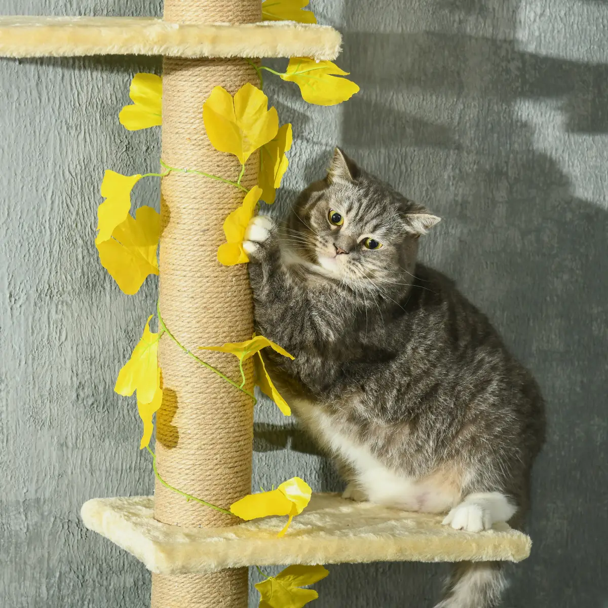 PawHut 242cm Adjustable Floor-To-Ceiling Cat Tree w/ Anti-Slip Kit - Yellow - Cat Tree