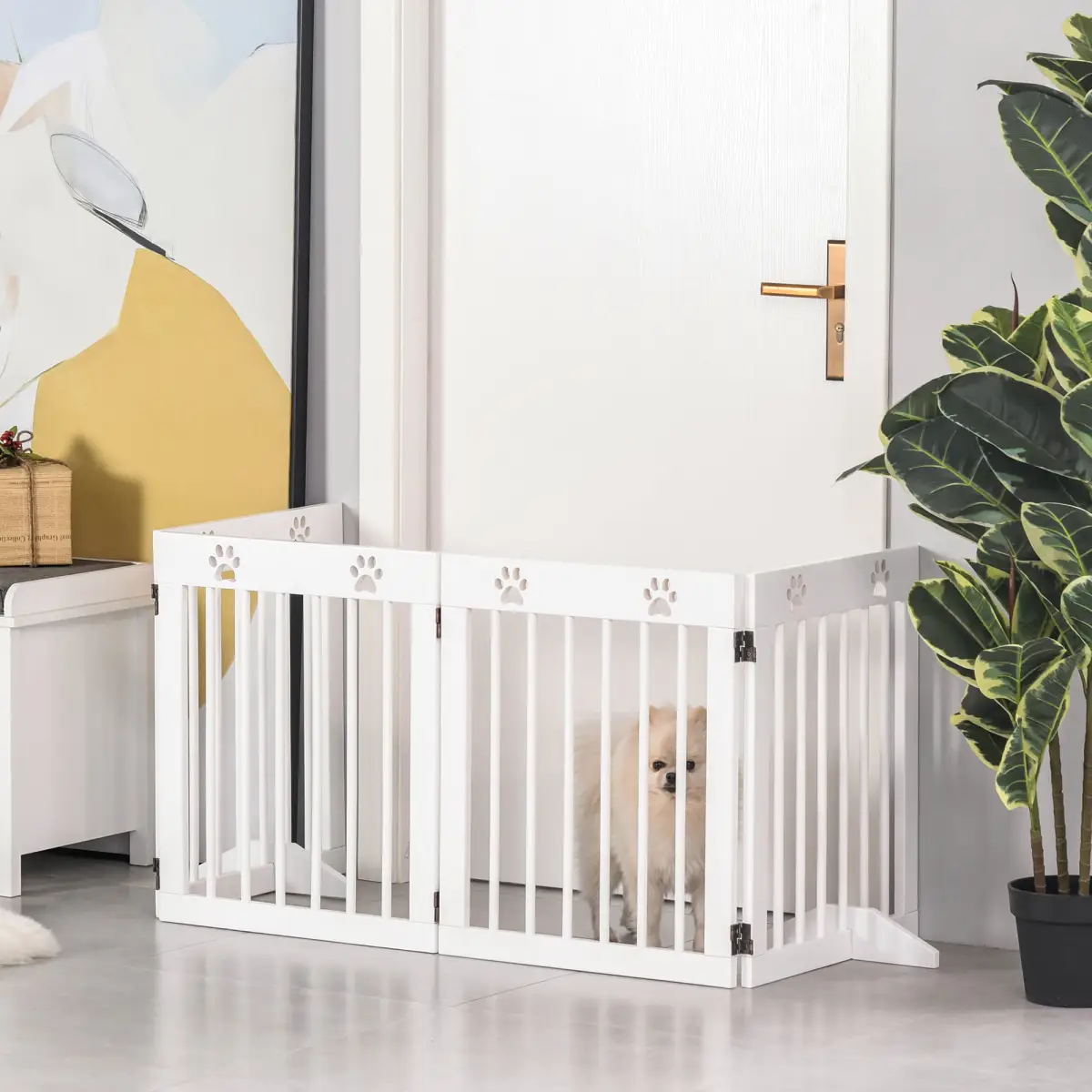 Pawhut Freestanding Pet Gate 4 Panel Folding Wooden Dog Barrier w/ Support Feet - Pet Gate