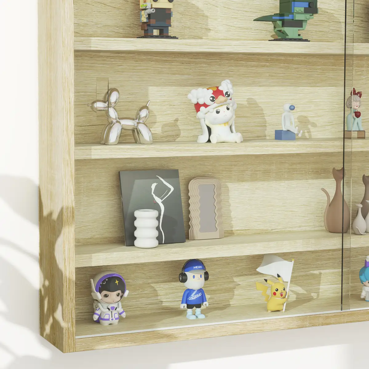HOMCOM HOMCOM 5-Tier Wall Display Shelf Unit Cabinet w/ Shelves Glass Doors Oak - Display Cabinet