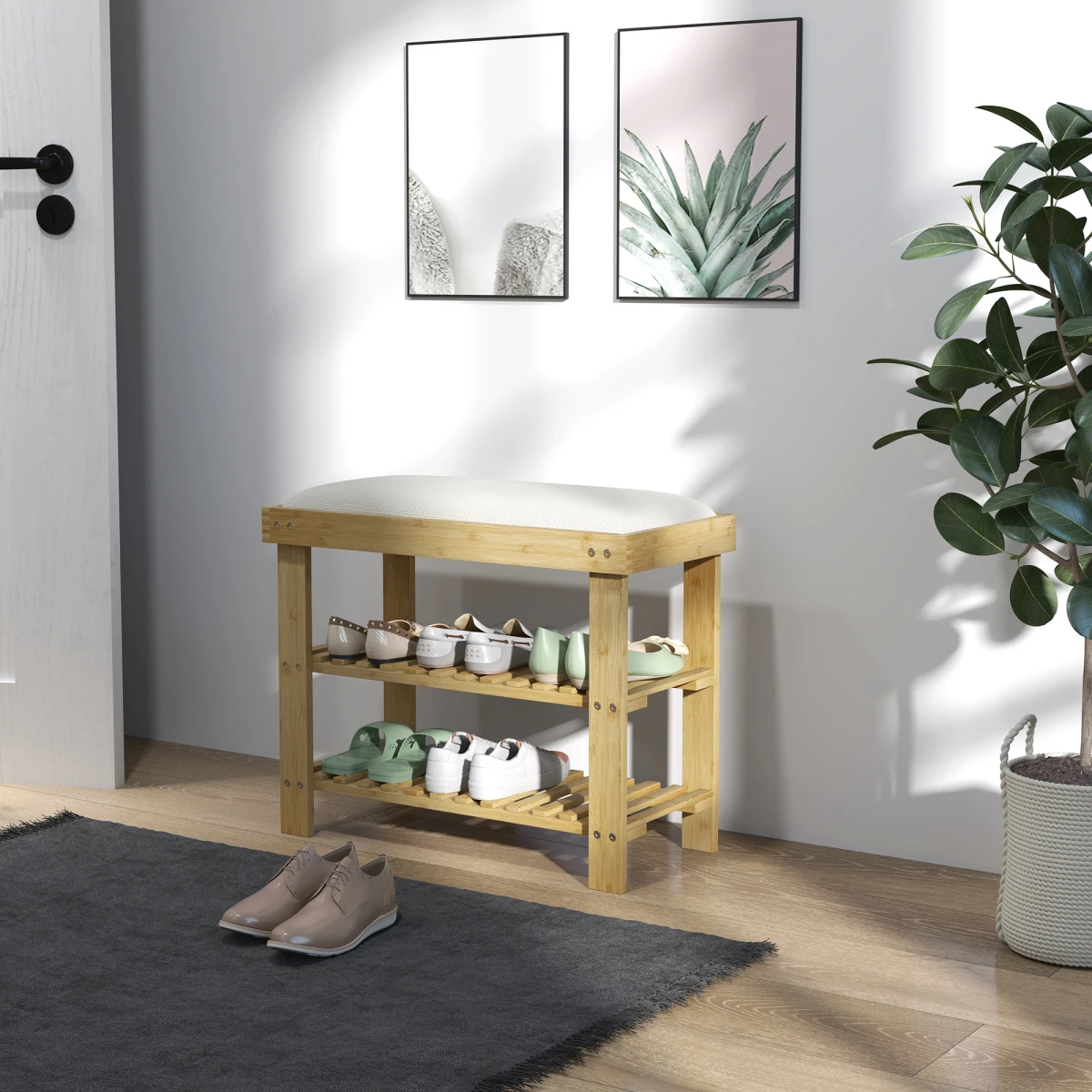 HOMCOM HOMCOM 3-Tier Shoe Storage Bench, Bamboo Shoe Rack for Entryway, Cream -