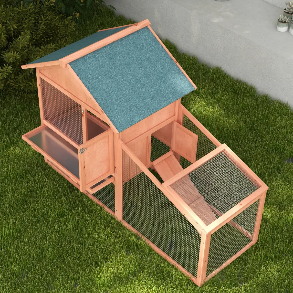 Pawhut 2 Tier Wood Rabbit Hutch Water Resistant Asphalt Roof Ramp 144 x 64.5 x 100 cm - Rabbit Hutch