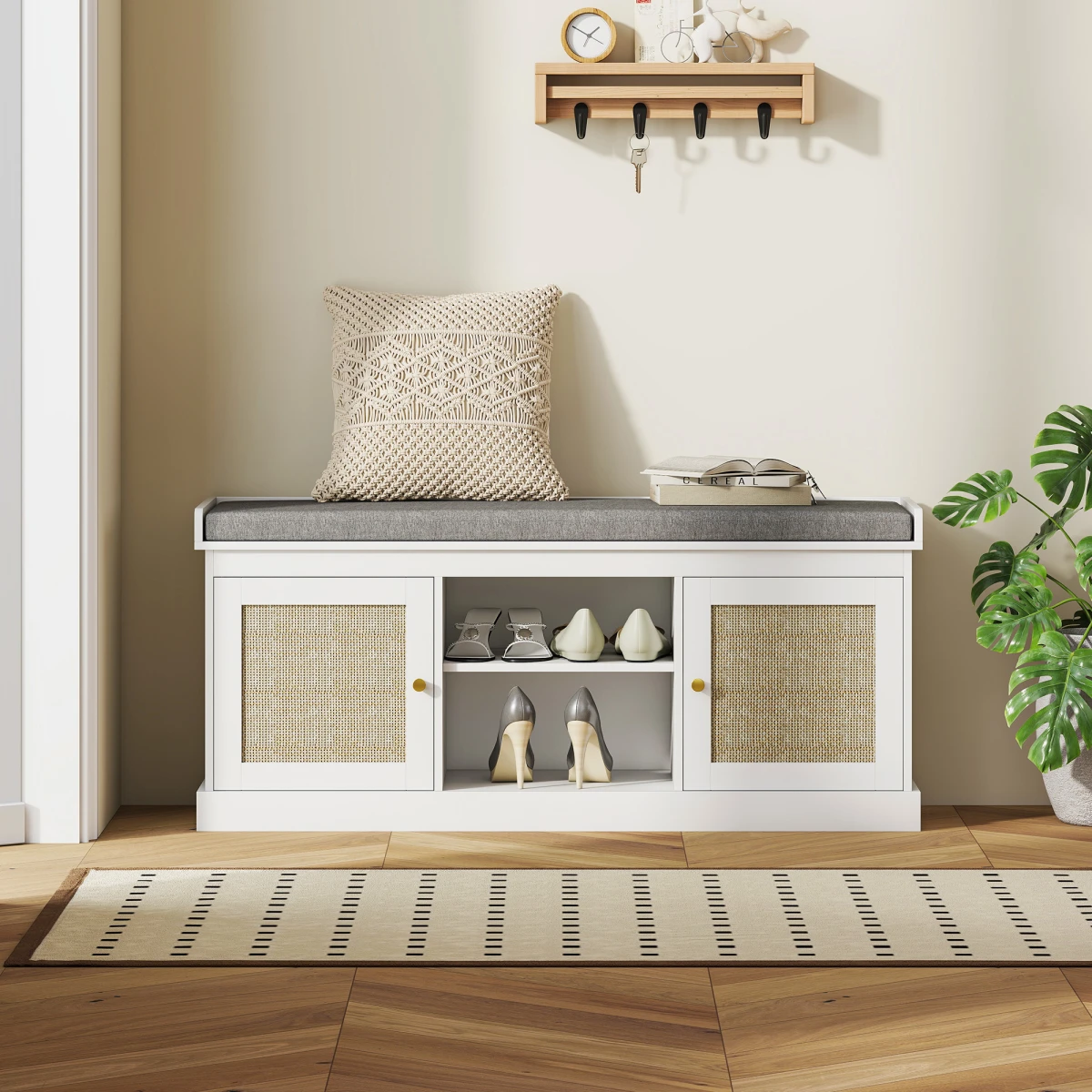 HOMCOM HOMCOM Shoe Bench, Boho Shoe Storage Bench with Padded Cushion, White -