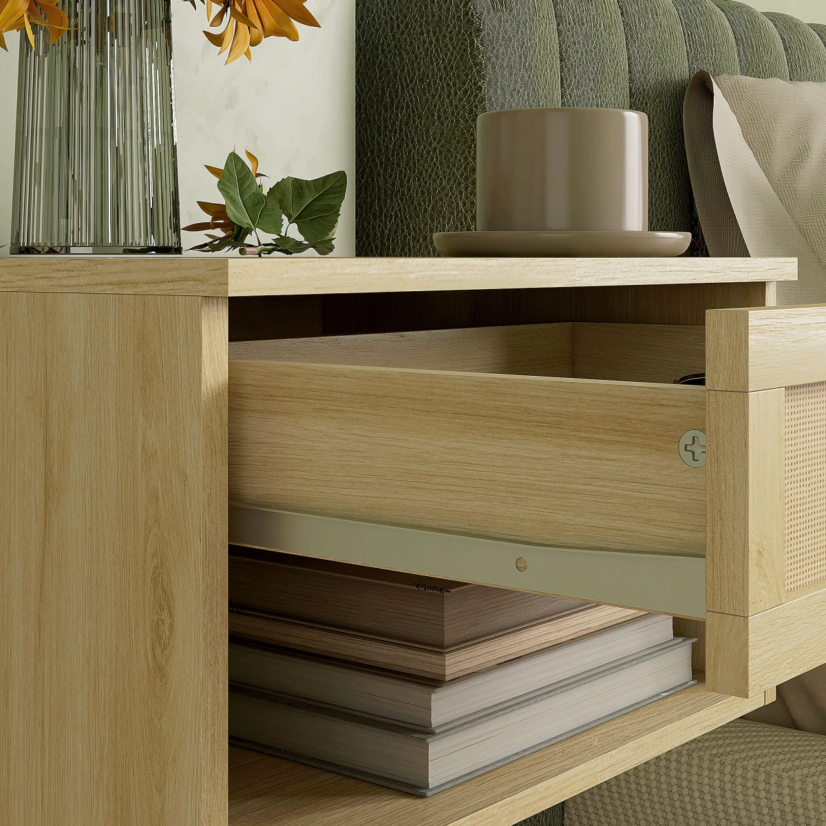Premium Floating Nightstands Two Pack Compact Size With Rattan Drawer And Open Shelf Bedroom Storage by HOMCOM