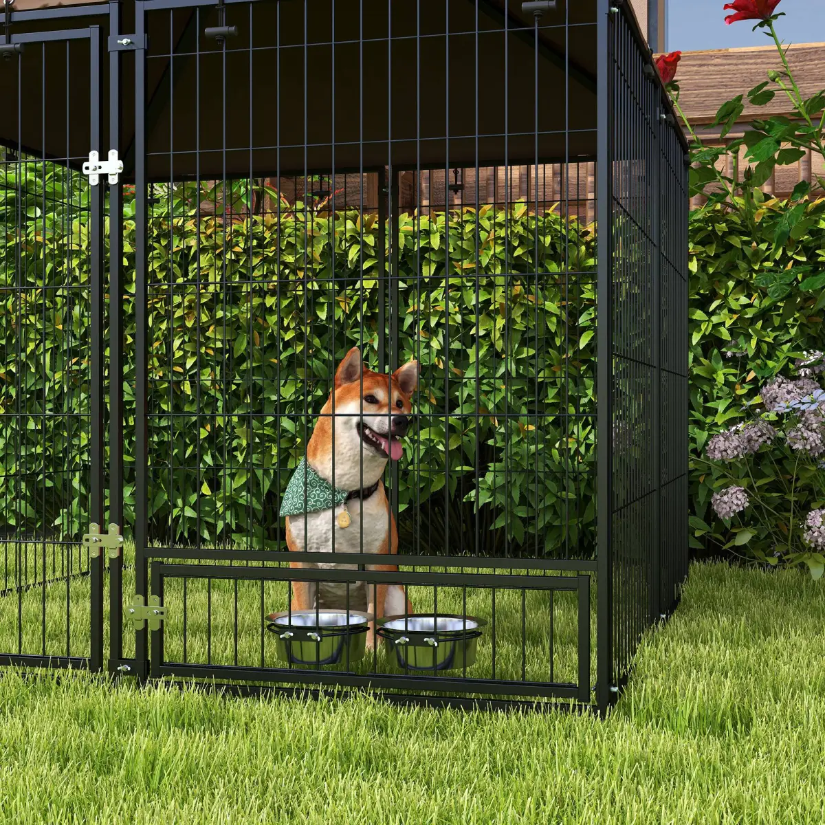 PawHut Outdoor Dog House Kennel with Canopy Top & Secure Lock Rotating Bowl Holder - Dog Kennel