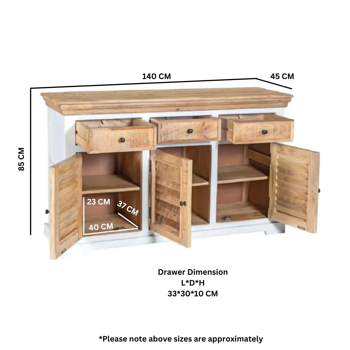 Indian Hub Alfie Wood Sideboard - 3 Drawers & 3 Doors - Sideboard
