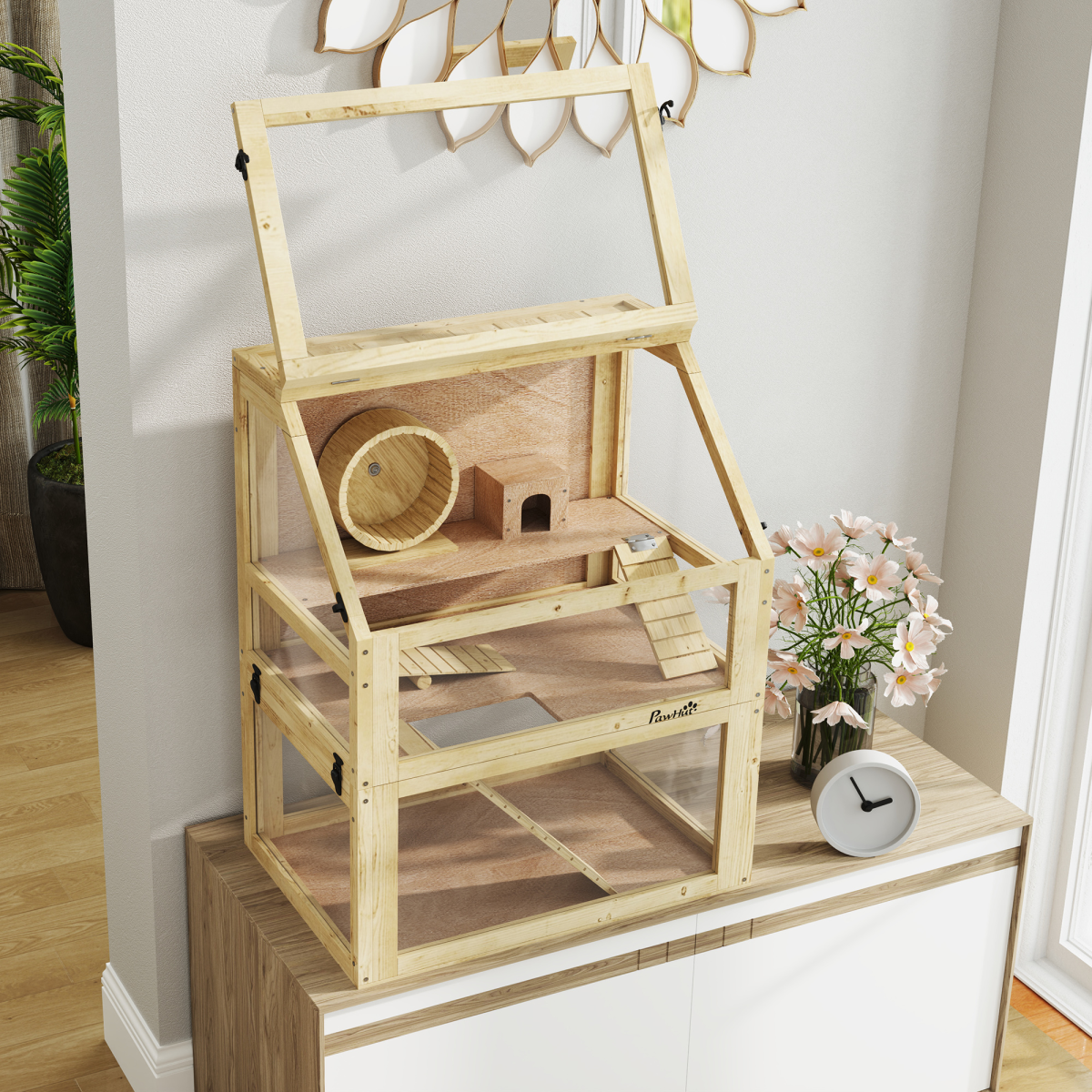 PawHut Wooden Hamster Cage w/ Detachable Bottom, Hut, Seesaw, 60 x 40 x 75cm - from PawHut