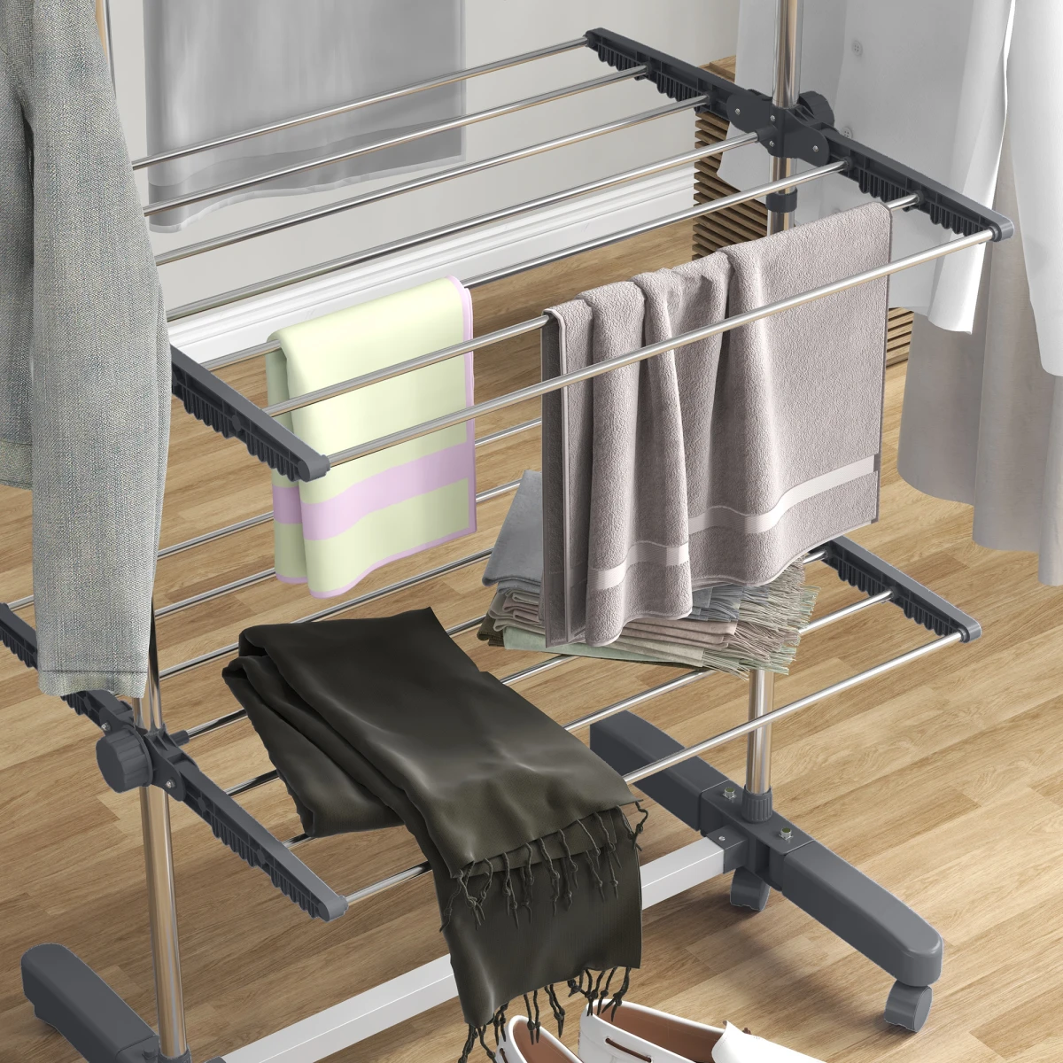 HOMCOM HOMCOM 4-Tier Large Clothes Airer Stainless Steel Clothes Drying Rack Grey - Wine Rack
