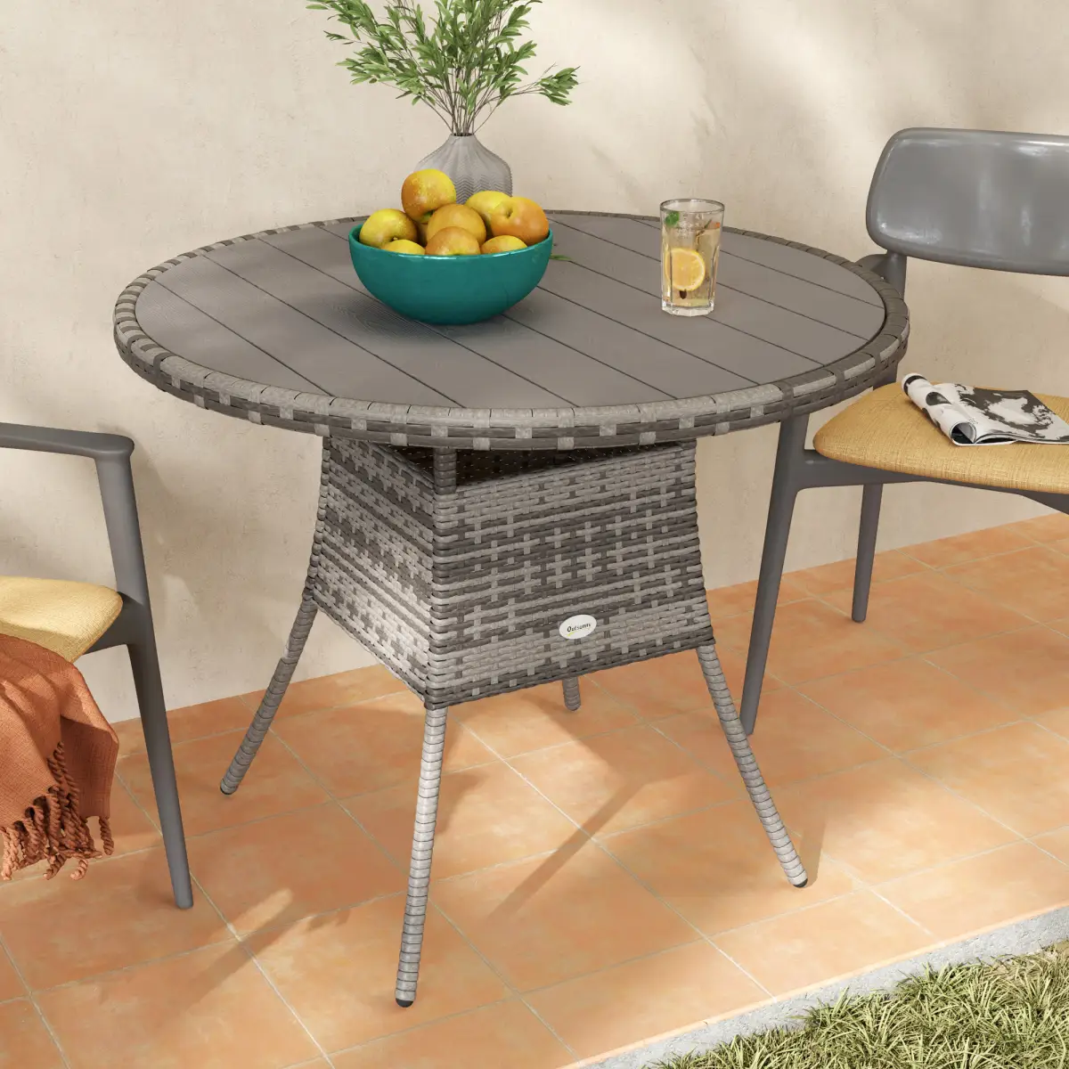 Outsunny Outsunny Outdoor PE Rattan Dining Table w/ Wood-plastic Composite Top, Grey - Garden Table