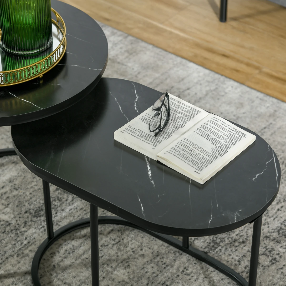 HOMCOM HOMCOM Two Piece Marble Top Side Tables Round And Oval Black Steel Frames Living Room Set - Coffee Table