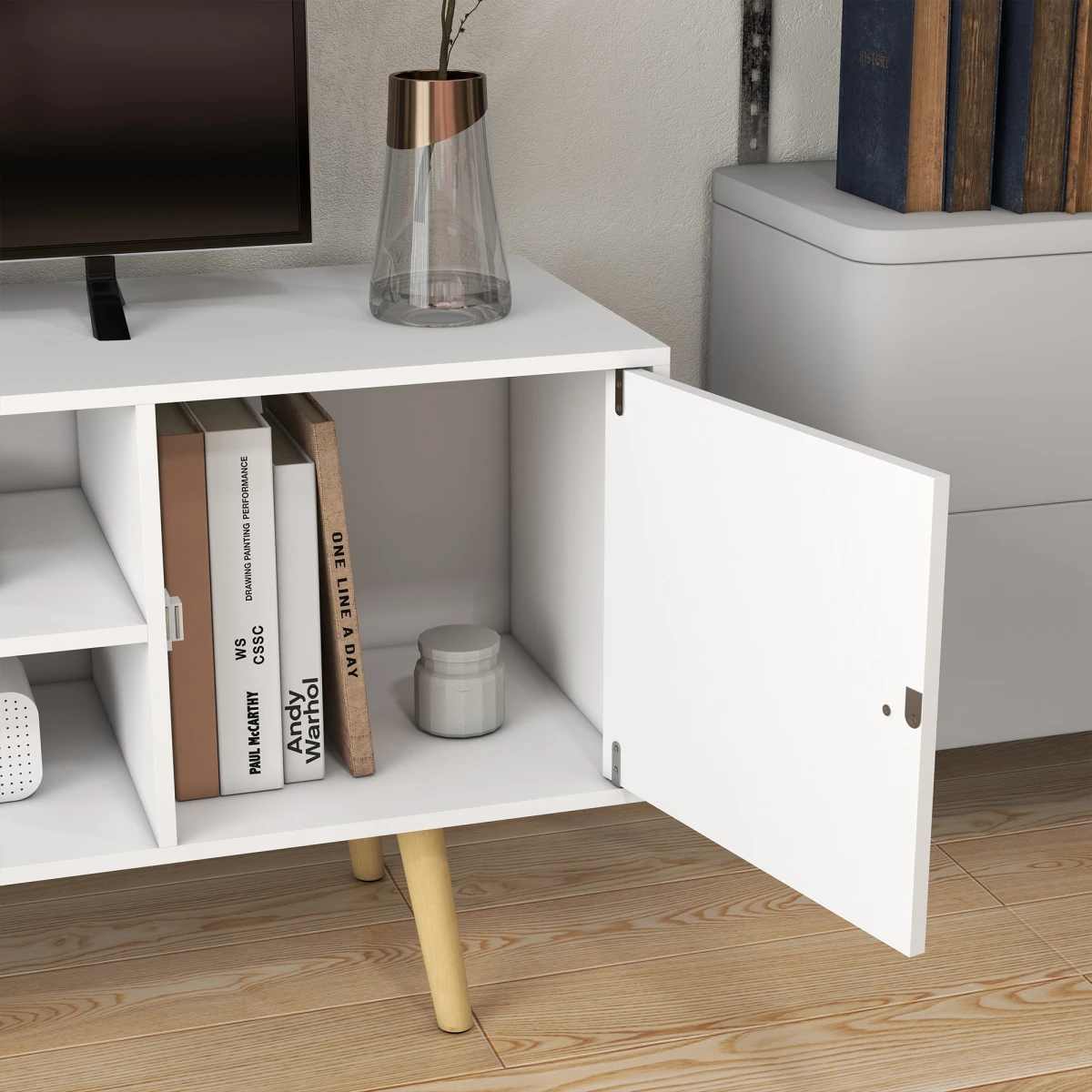 White TV Stand Cabinet 55 Inch Cable Management Living Room