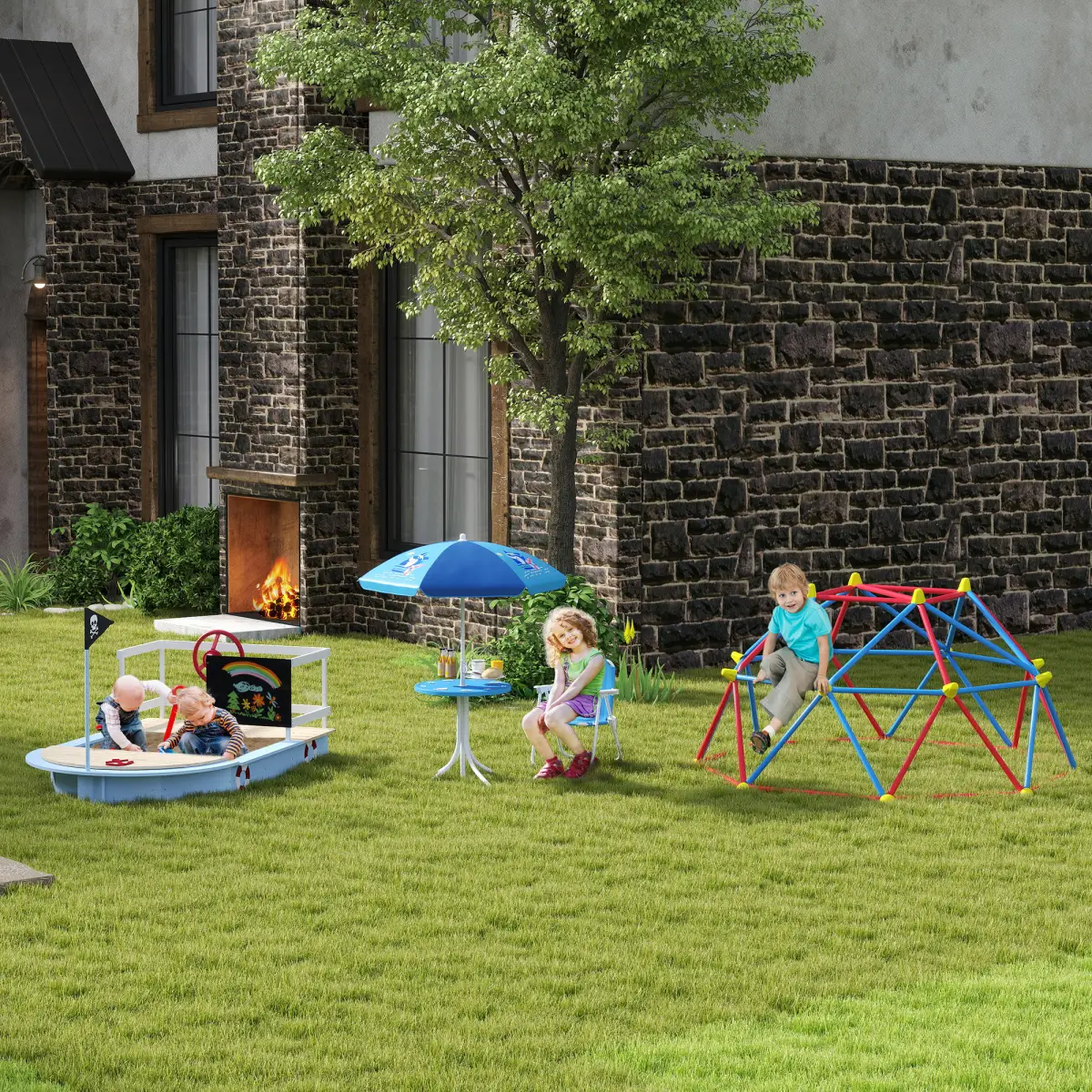Unbranded Kids Foldable Four-Piece Garden Set w/ Table, Chairs, Umbrella - Blue - Picnic Tables
