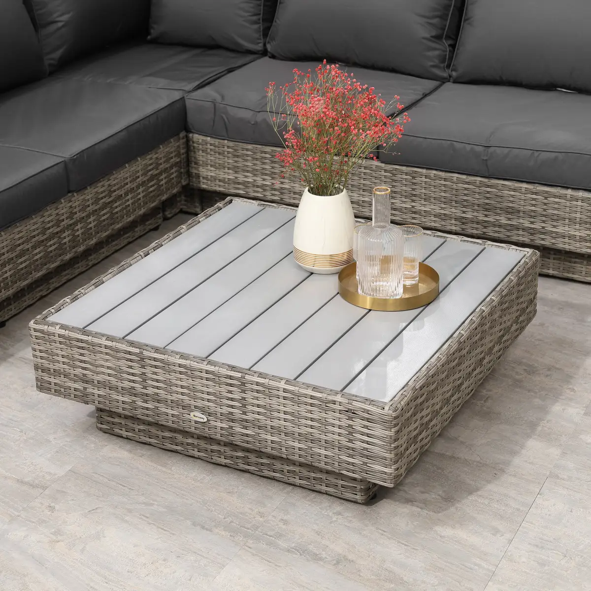 Outsunny 5-Seater Rattan Sectional Corner Sofa Table Set Cushions - Light Grey - Garden Sofa Sets