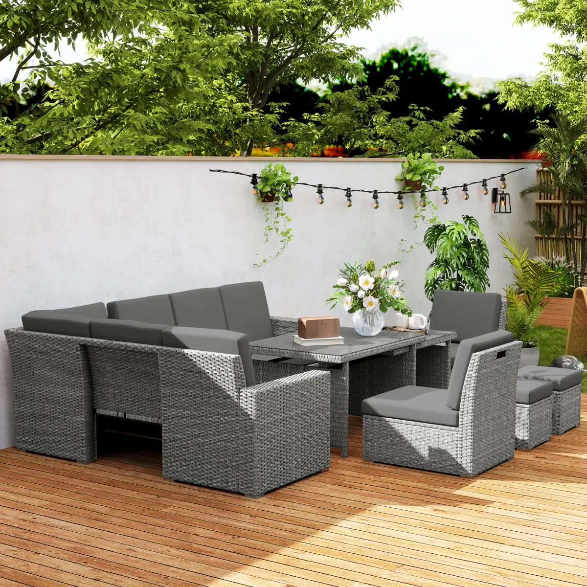 Outsunny Outsunny 10-Seater Sofa Sectional w/ Cushioned Seat, Footstools and Glass Table - Garden Sofa Sets