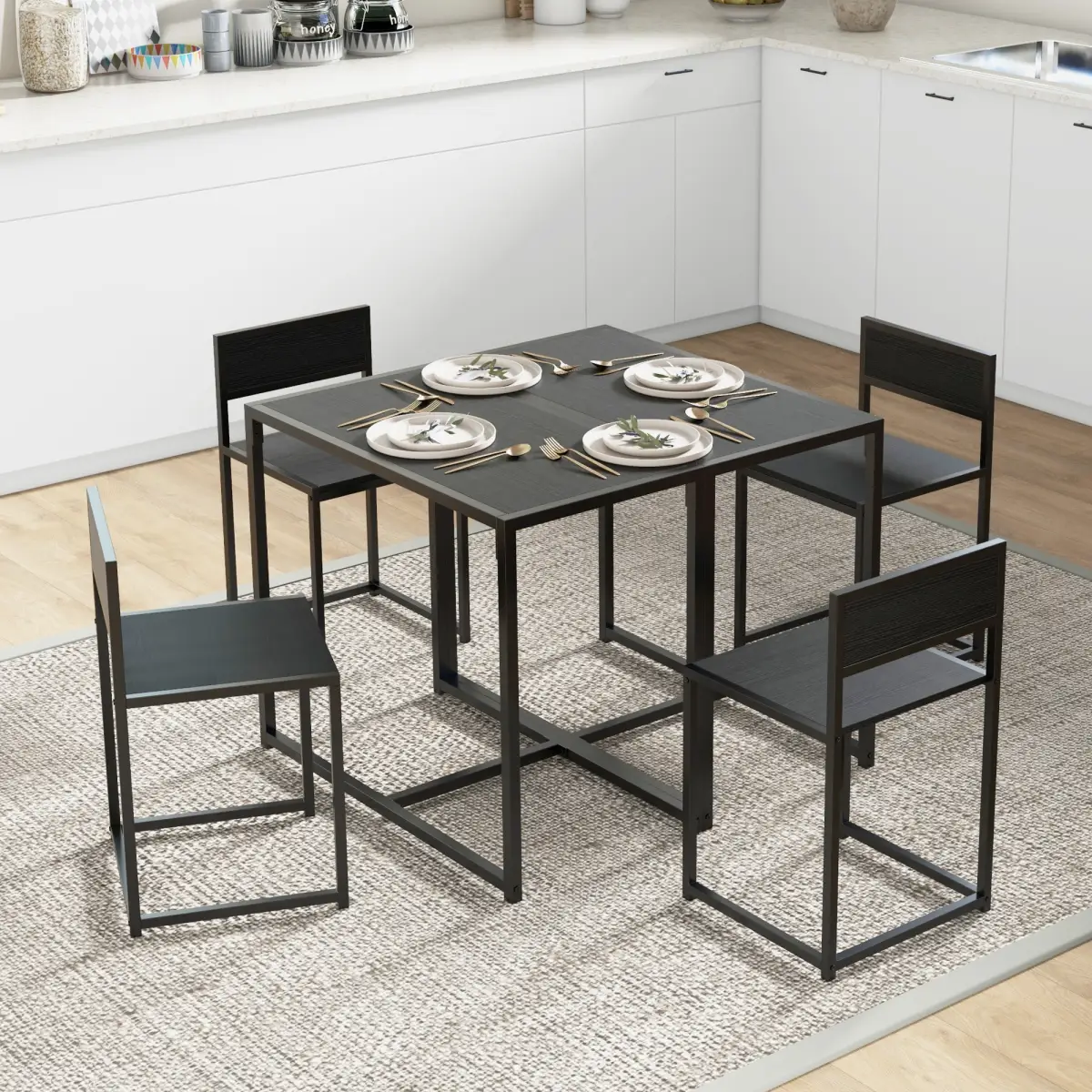 HOMCOM HOMCOM 3 Piece Dining Table Set with Metal Frame, Black - Dining Set