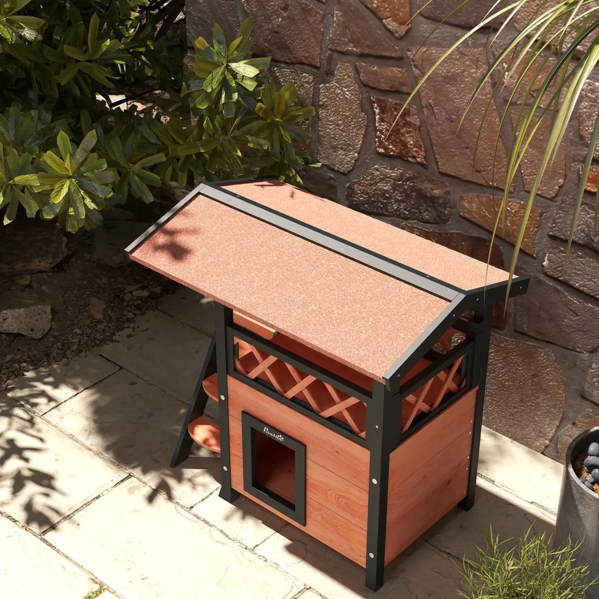 PawHut PawHut Outdoor Cat House with Balcony Stairs Roof, Brown - Cat House