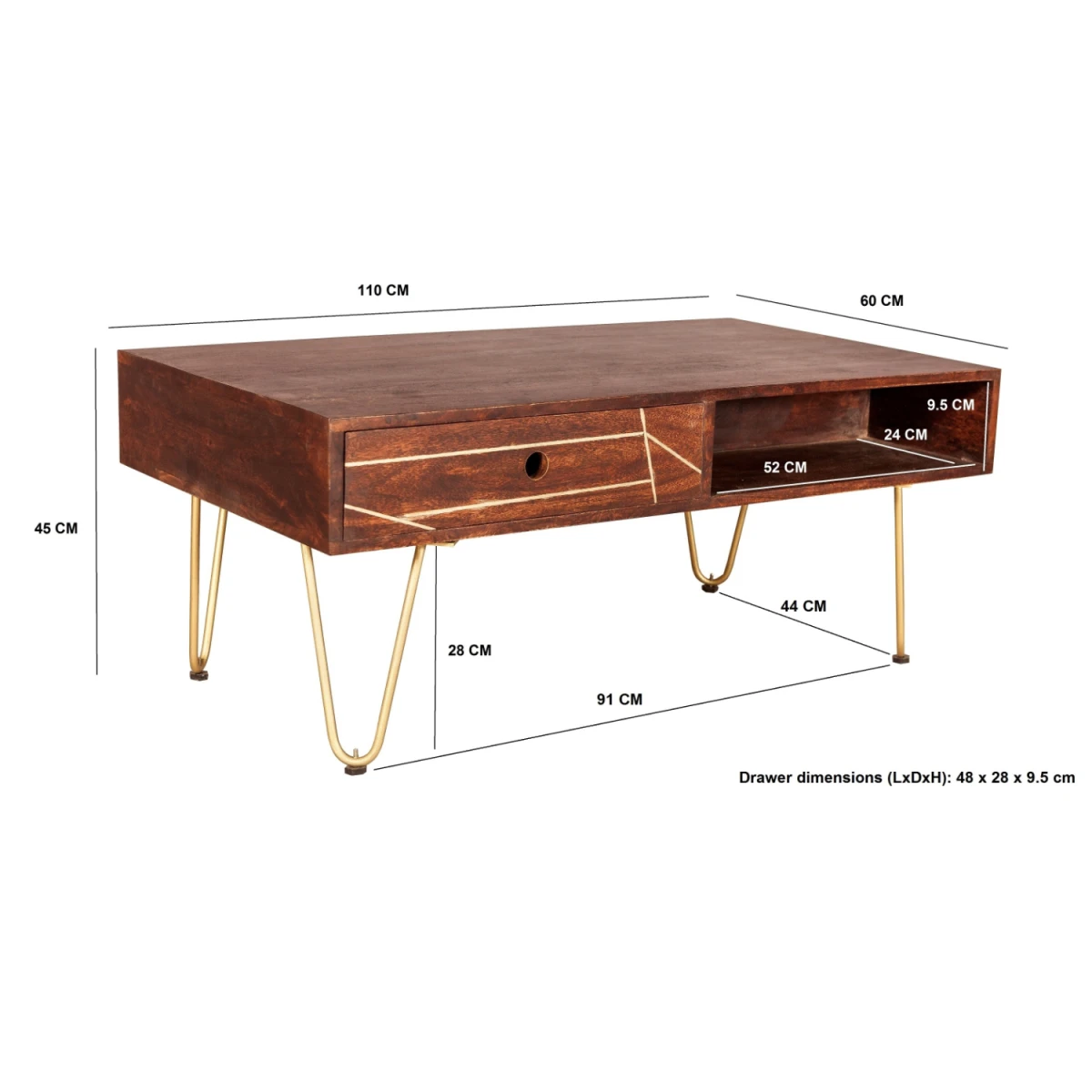 Premium Coffee Table 48In L 24In W 16In H With Drawer Gold Hairpin Legs Living Room by Indian Hub
