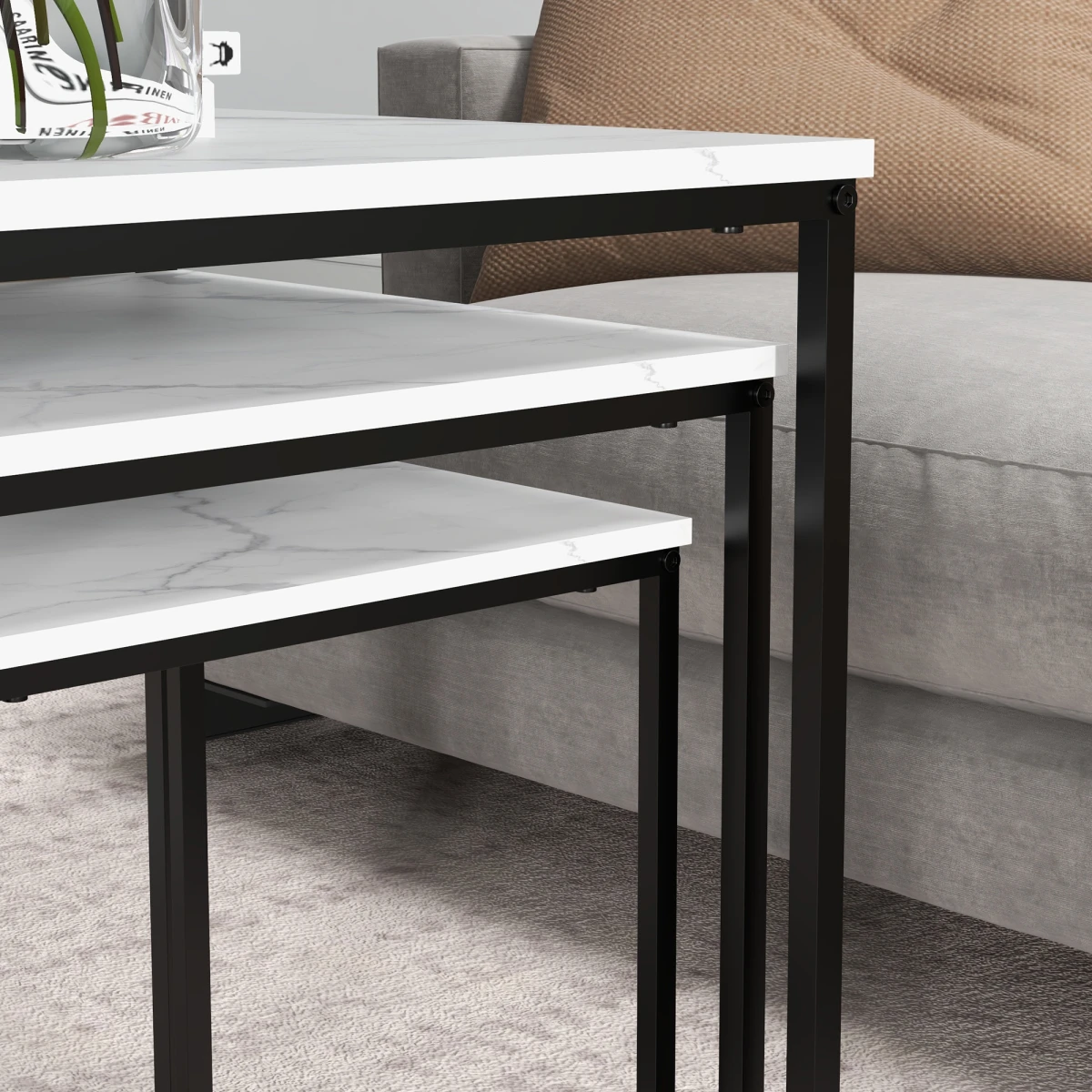 HOMCOM Nesting Coffee Tables Three Piece White Marble Top With Steel Frames Adjustable Feet Living Room by HOMCOM