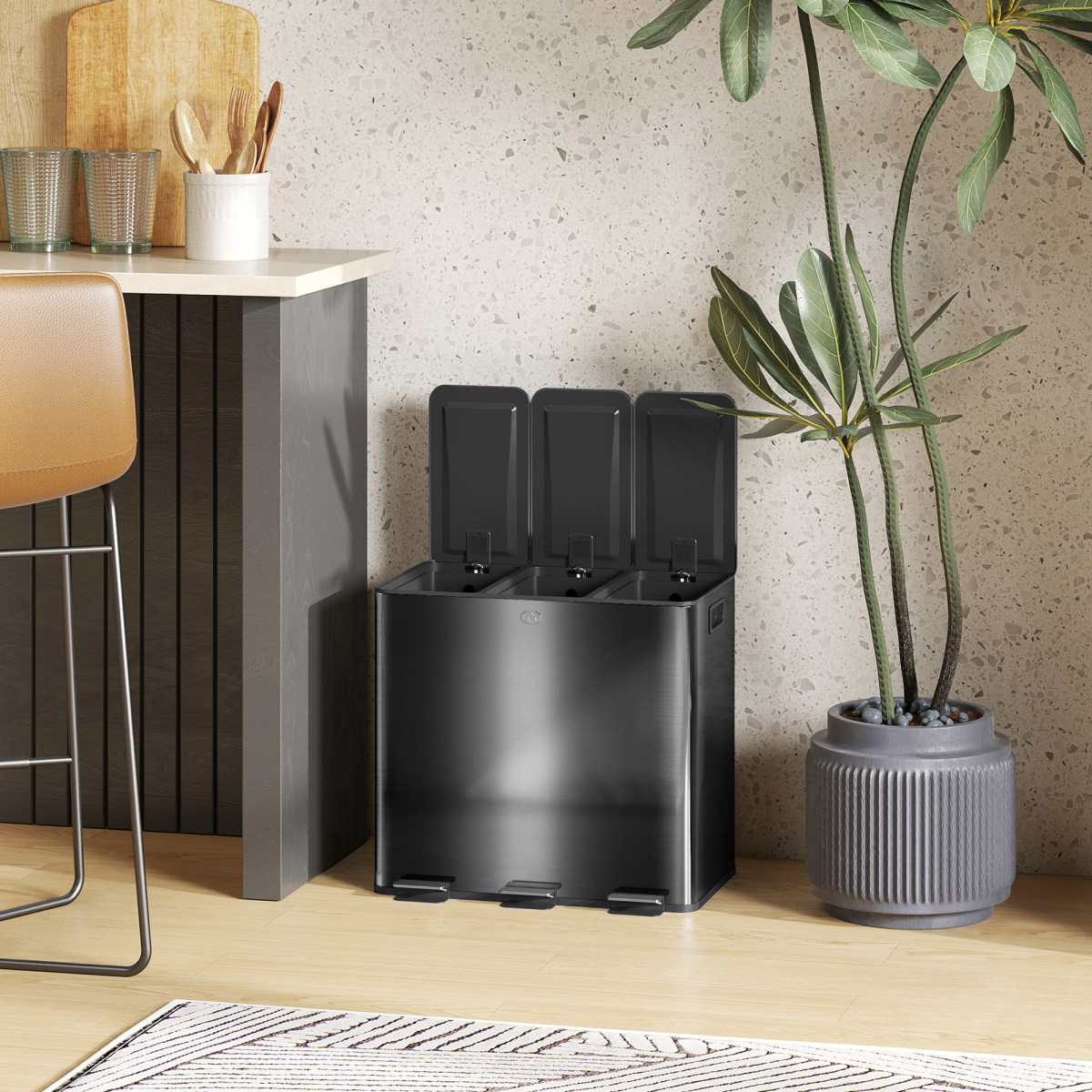 HOMCOM 3 x 15L Triple Kitchen Bin Pedal Bin for Recycling and Waste, Black - from HOMCOM