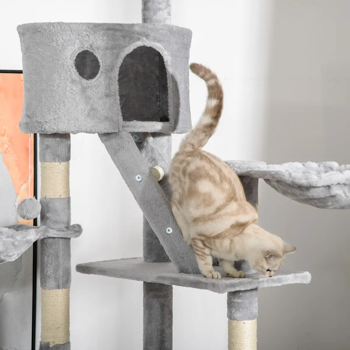 PawHut PawHut 240-260cm Floor to Ceiling Cat Tree with Scratching Posts - Light Grey - Cat Tree