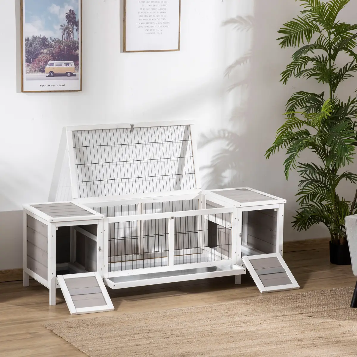 Pawhut Indoor Rabbit Hutch Separable Guinea Pig Cage Bunny Run w/ Slide Out Tray - Grey - Rabbit Hutch