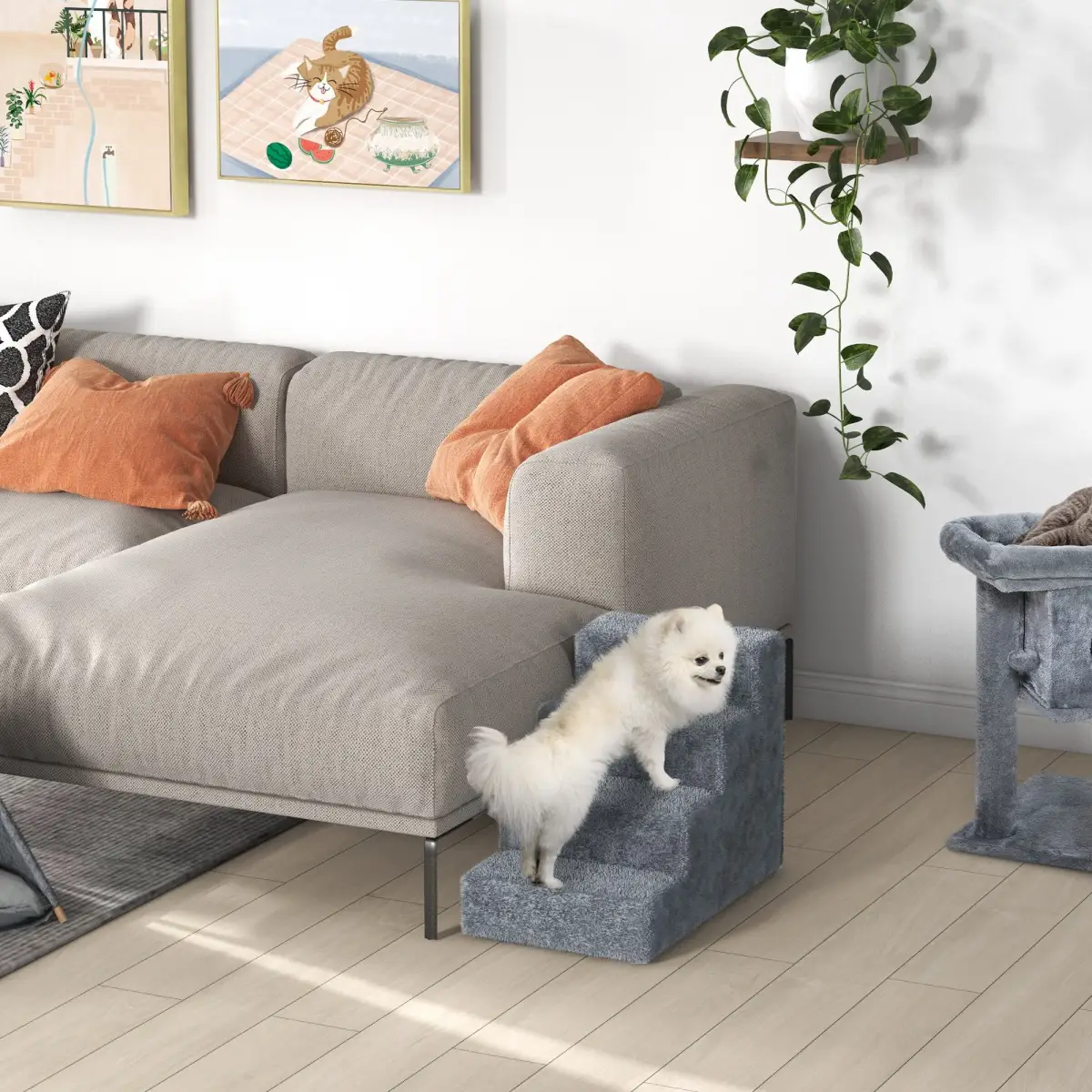 PawHut Portable Dog Stairs with Washable Plush Cover, for High Bed Sofa - Light Grey - Dog Steps