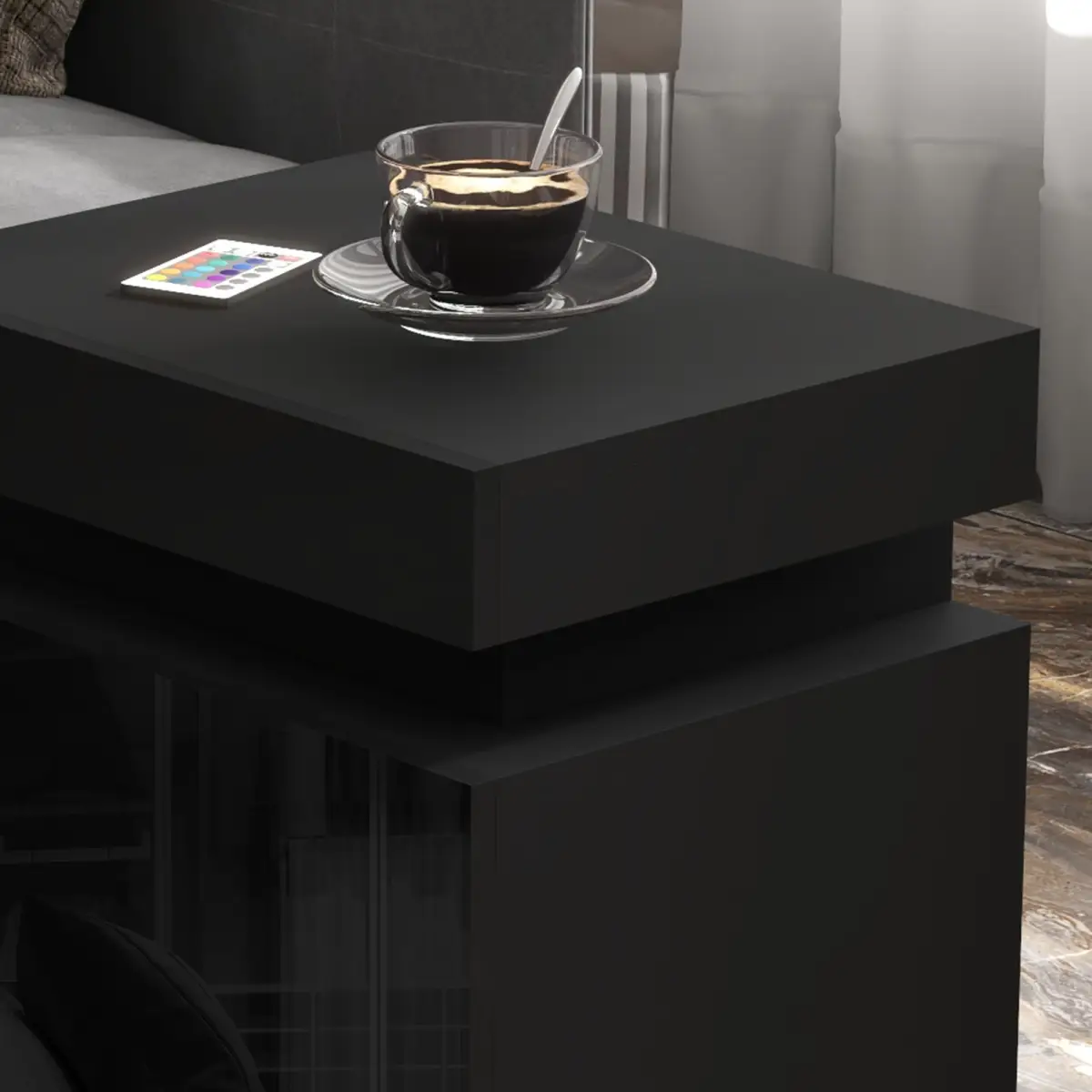 HOMCOM HOMCOM High Gloss Bedside Table with LED Light and 2 Drawers, Black - Bedside Table