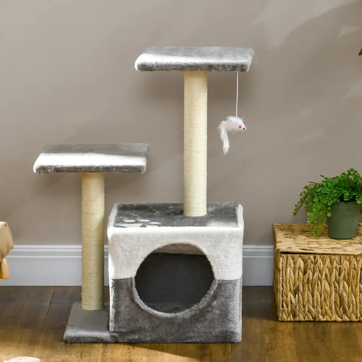 PawHut PawHut Cat Tree w/ Sisal Scratching Posts, House, Perches, Toy Mouse - Grey - Cat Tree