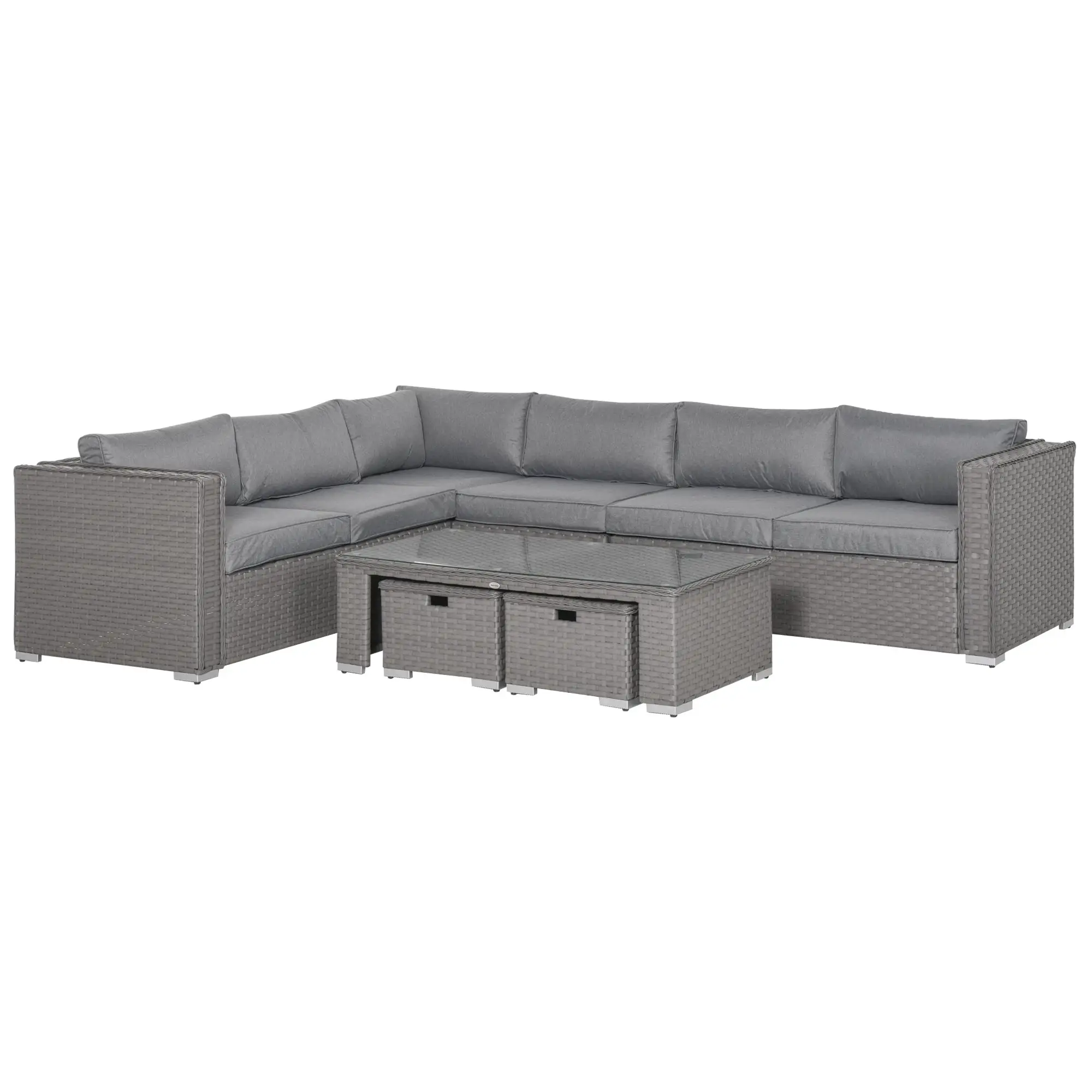 Outsunny 6 PCs PE Rattan Wicker Corner Sofa Set Coffee Table Footstool w/ Cushion - Grey - Garden Sofa Sets