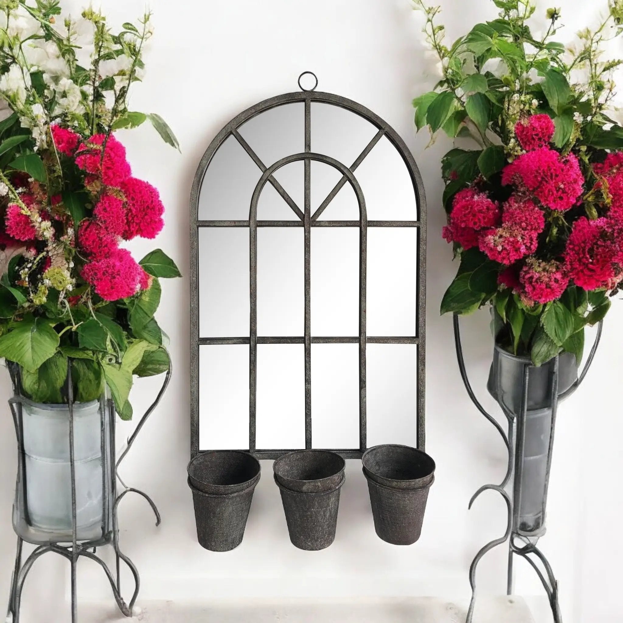 MSL 78CM RUSTY WALL MIRROR WITH TRIPLE PLANTER - Planters