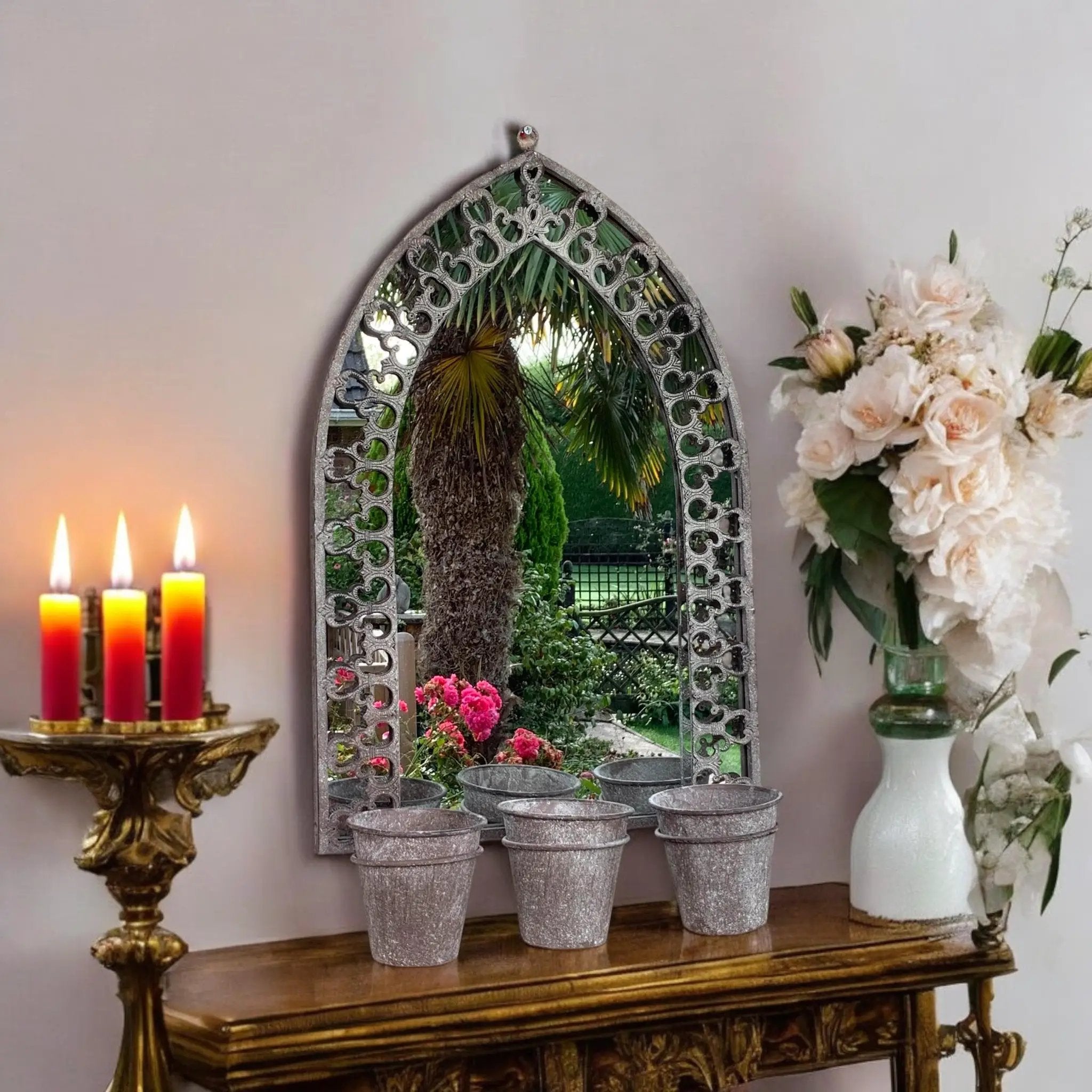 MSL 78CM RUSTY WALL MIRROR WITH TRIPLE PLANTER - Planters